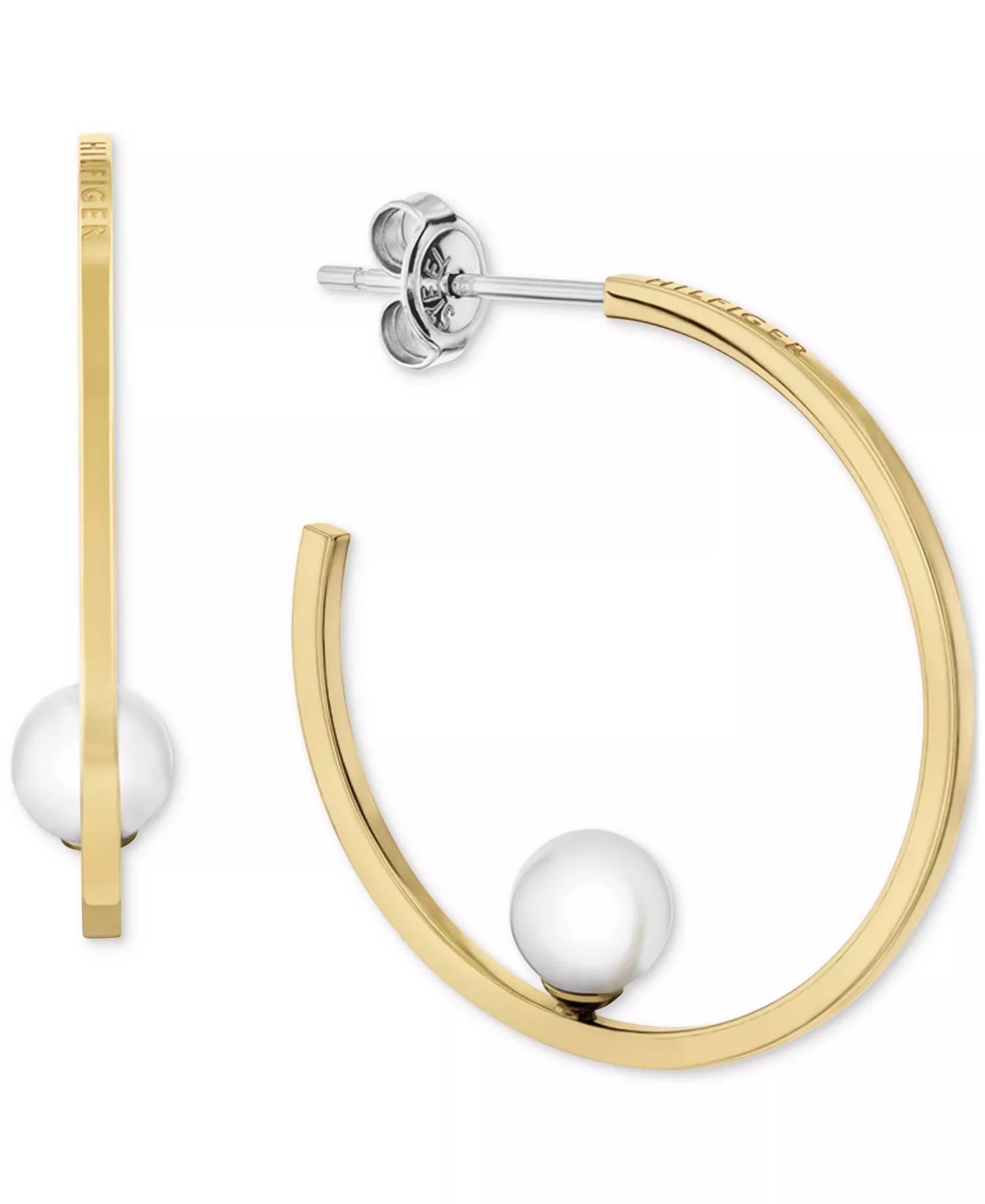 Gold-Tone Glass Pearl Medium Hoop Earrings , 1.2" - Gold - ONE SIZE