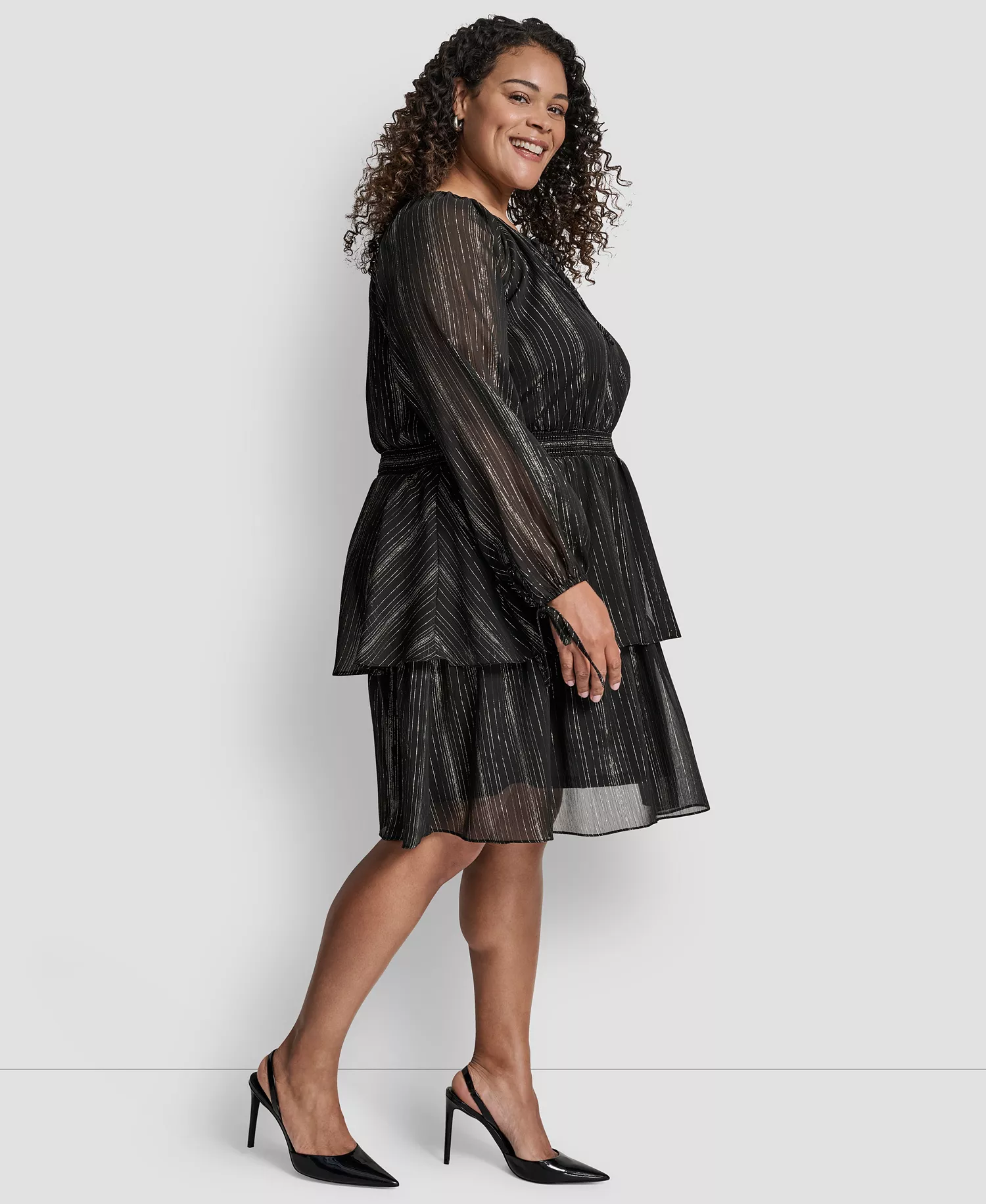 Plus Size Long Sleeve Jewel Neck Dress - Black/Silver - 14W
