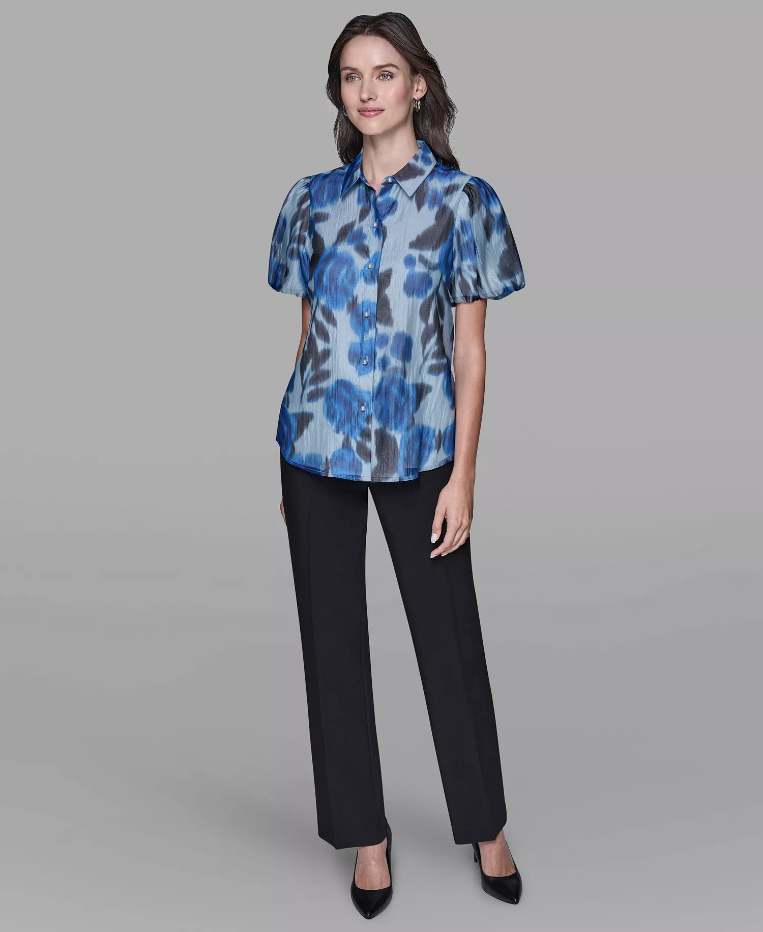 Women's Organza Collared Top - French Blue Multi - L