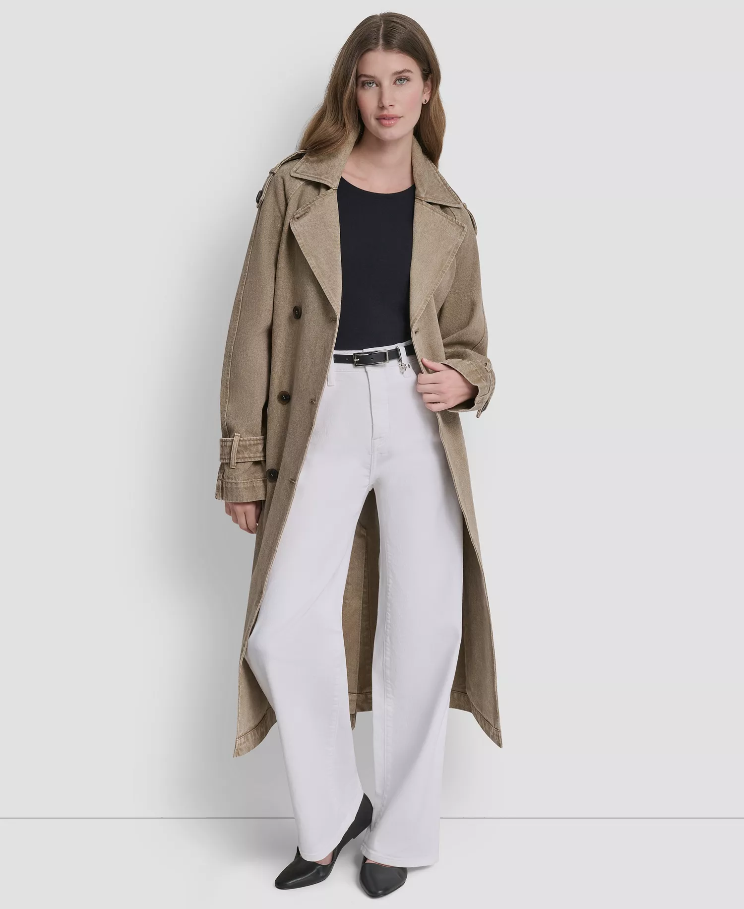 Women's Double Breasted Denim Belted Trench Coat - Khaki - L