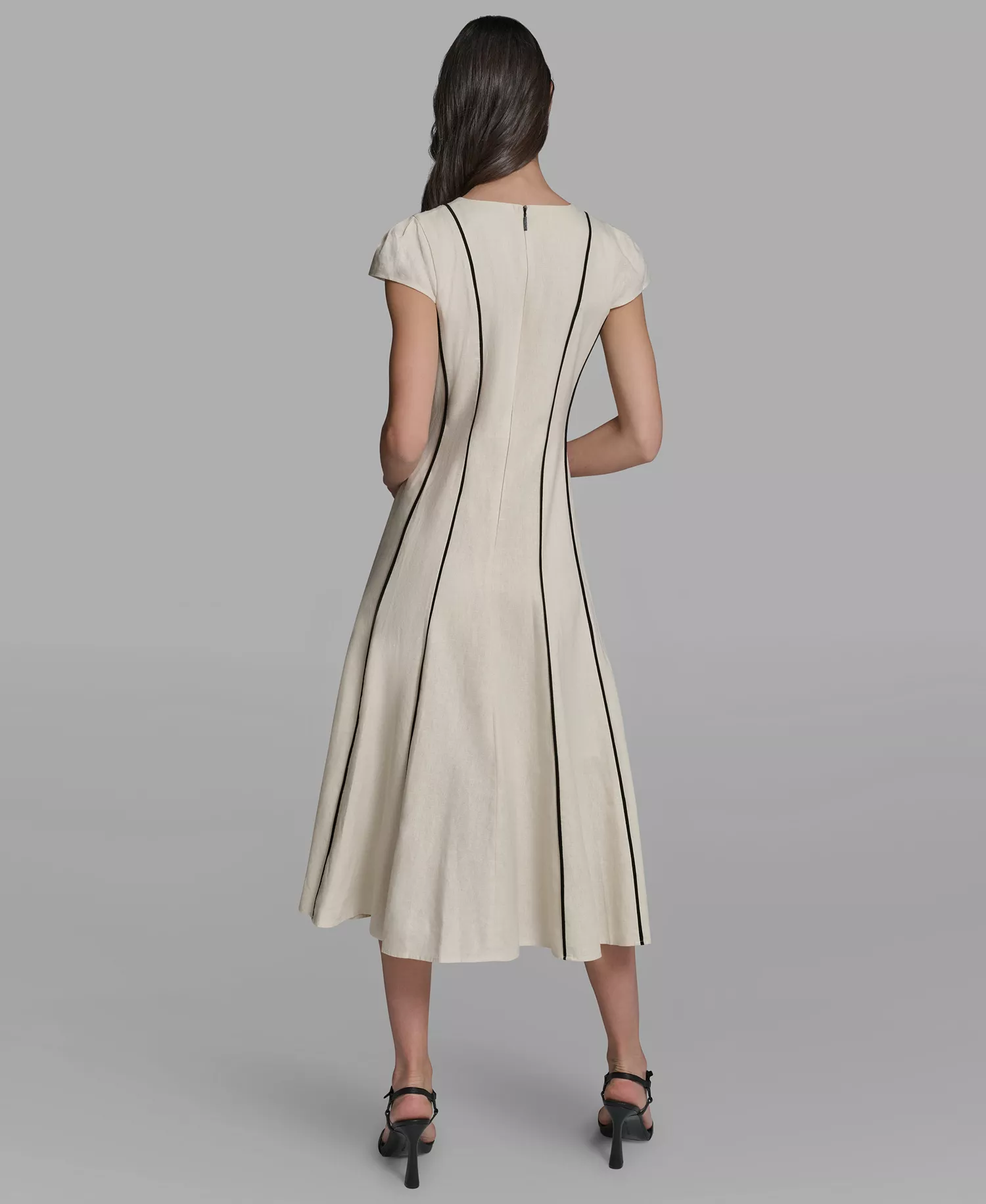 Women's Vertical Striped Piping Midi Dress - Bisque/Black - 0