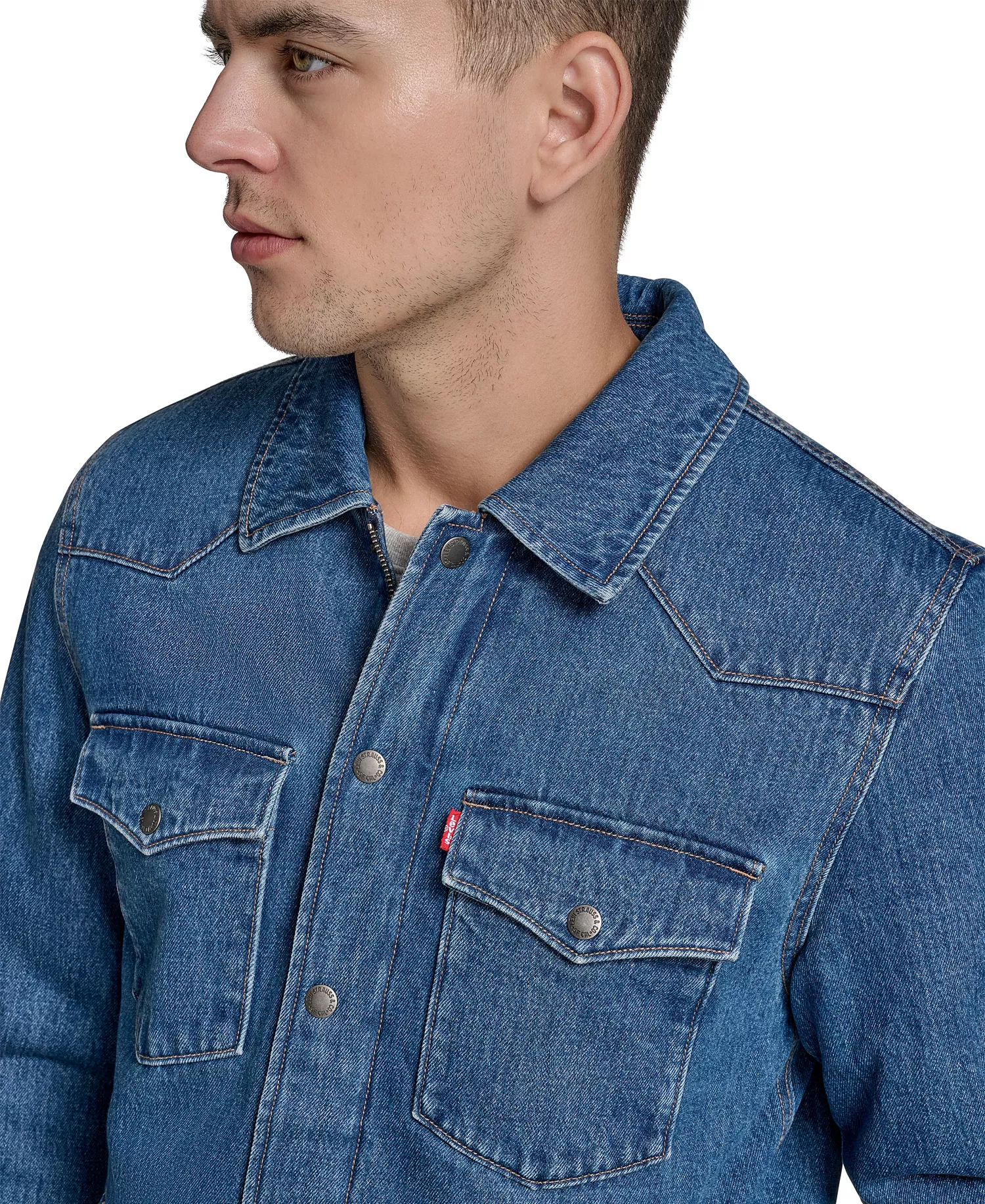 Men's Denim Filled Shacket - Medium Wash Denim - 2XL