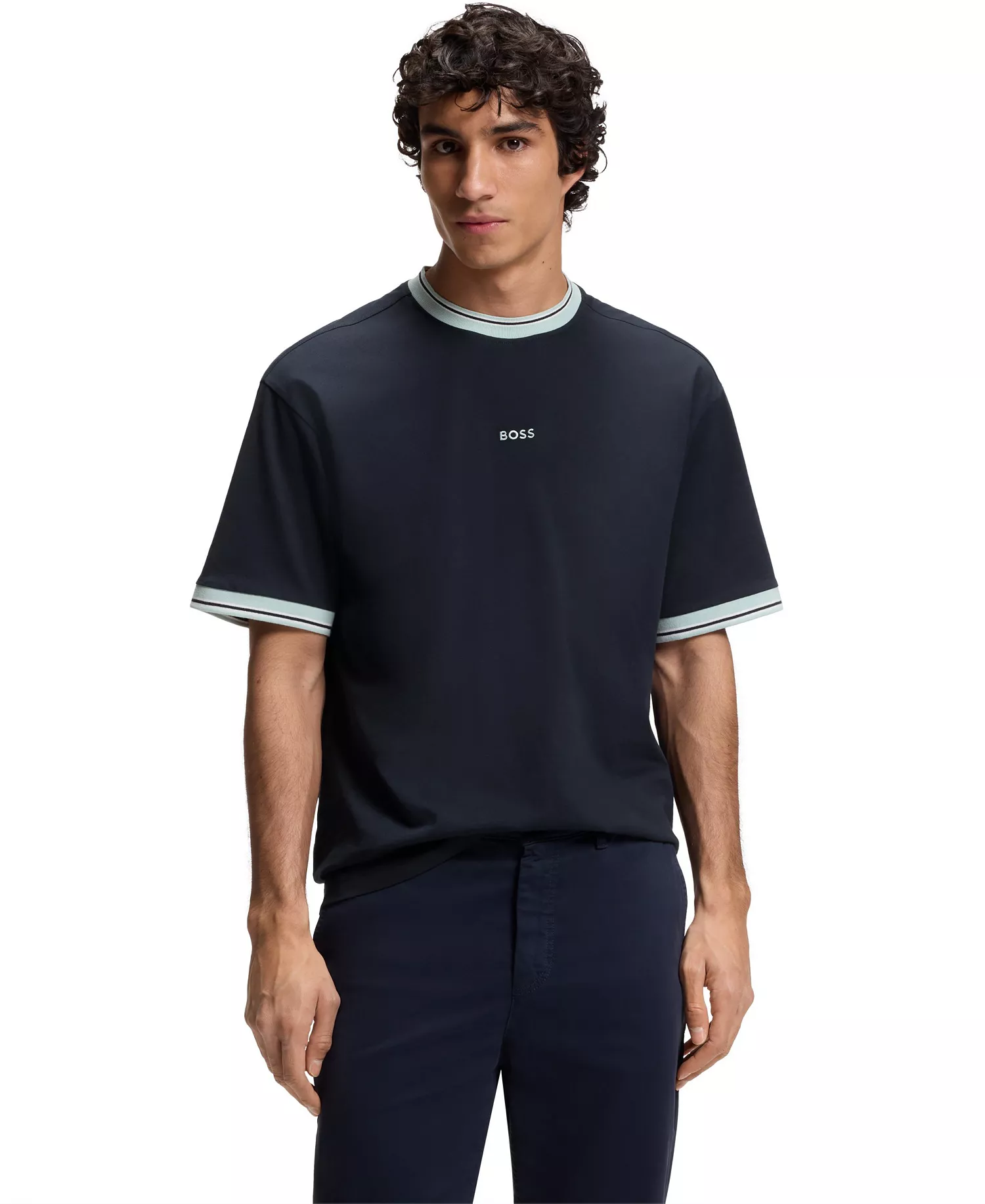 Men's Cotton Striped Trim Relaxed-Fit T-Shirt - Dark Blue - 2XL