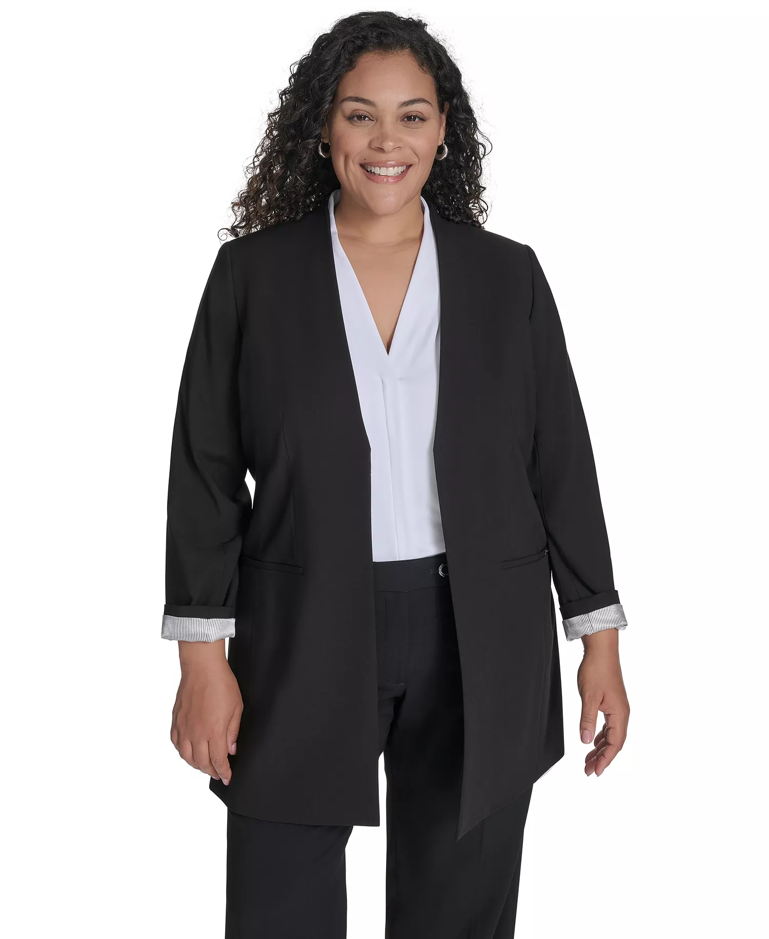 Plus Size Collarless Open-Front Topper Jacket - Black - 14W
