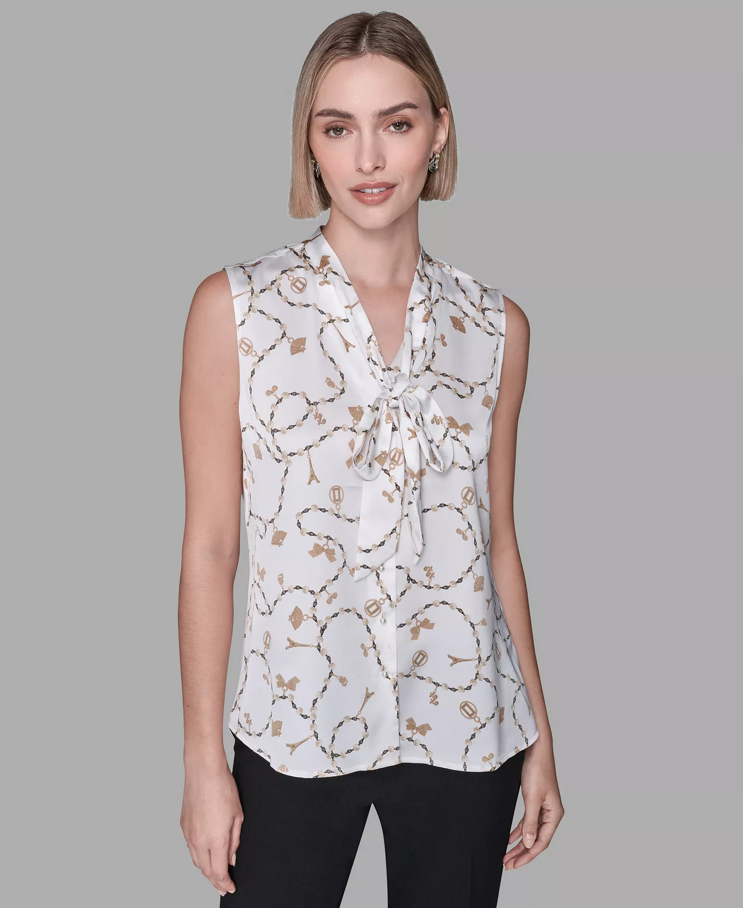 Women's V-Neck Button Down Front Printed Top - Soft White Multi - L