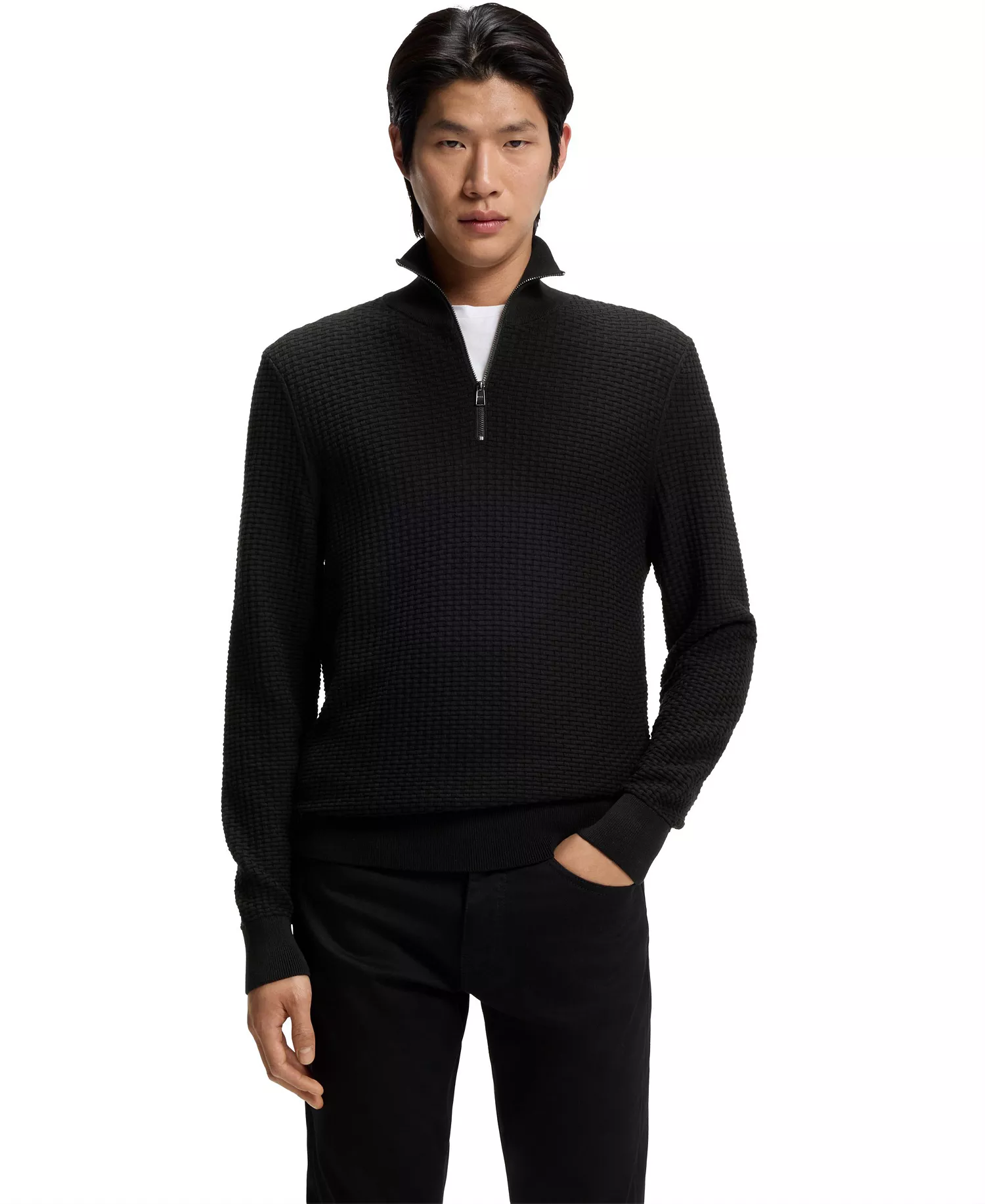 Men's Quarter Zip Cotton Sweater - Black - 2XL