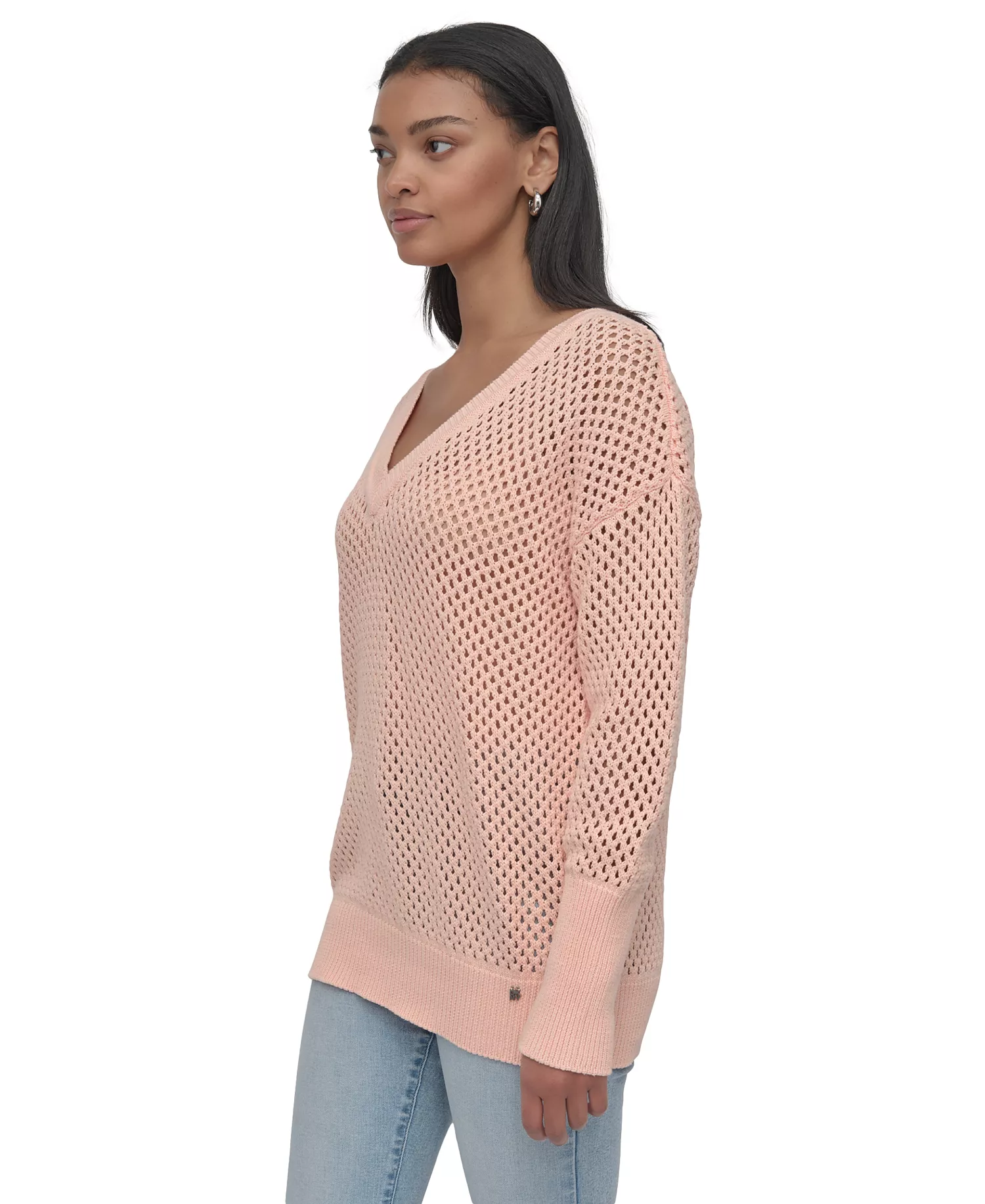 Women's Cotton Open-Knit V-Neck Sweater - Twv - Trop Peach - XL