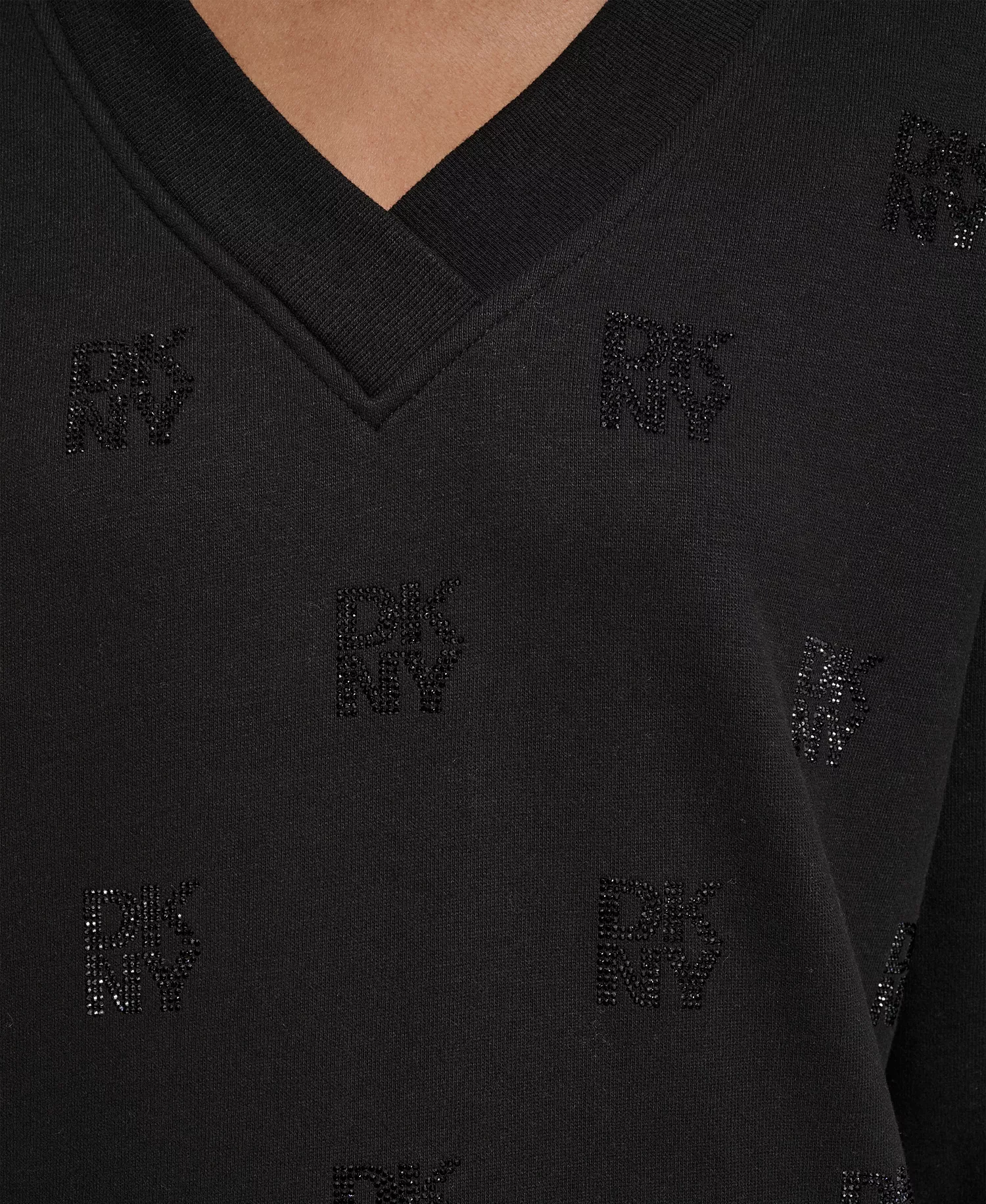 Women's Allover Stack Rhinestone V-Neck Sweatshirt - Black - L