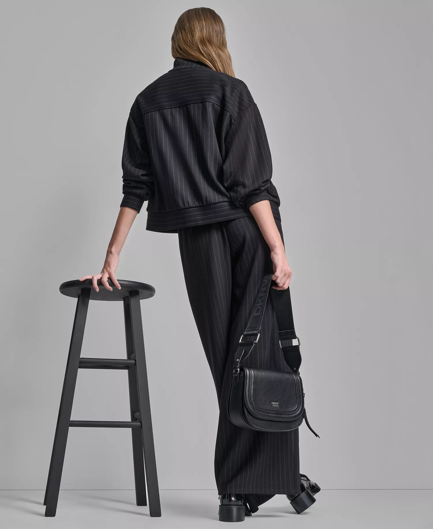 Women's Full-Zip Pinstripe Track Jacket and Straight-Leg Pleated Pinstripe Pants - Black Pinstripe - L