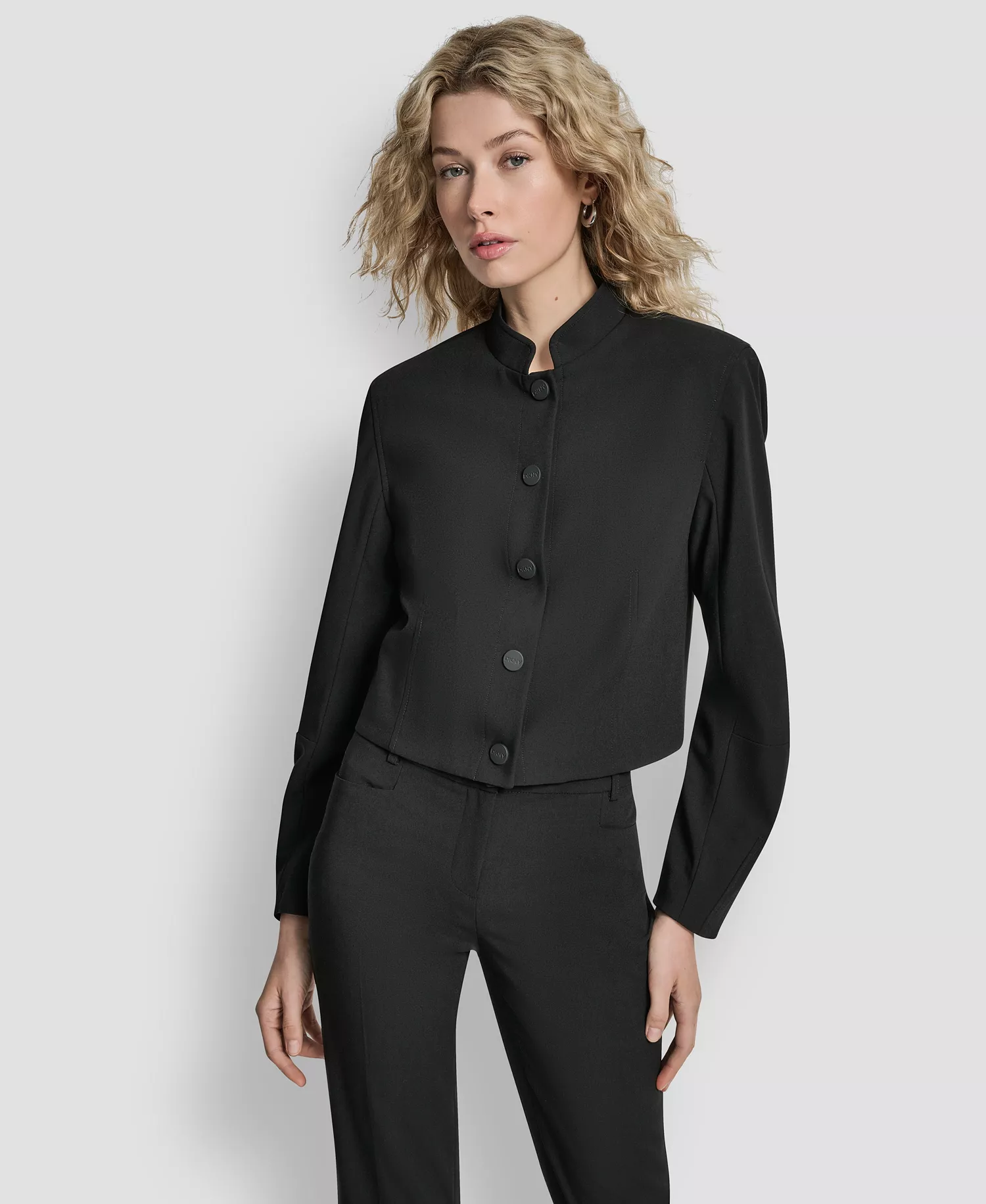 Women's Mandarin Collar Button Front Cropped Jacket - Black - 0