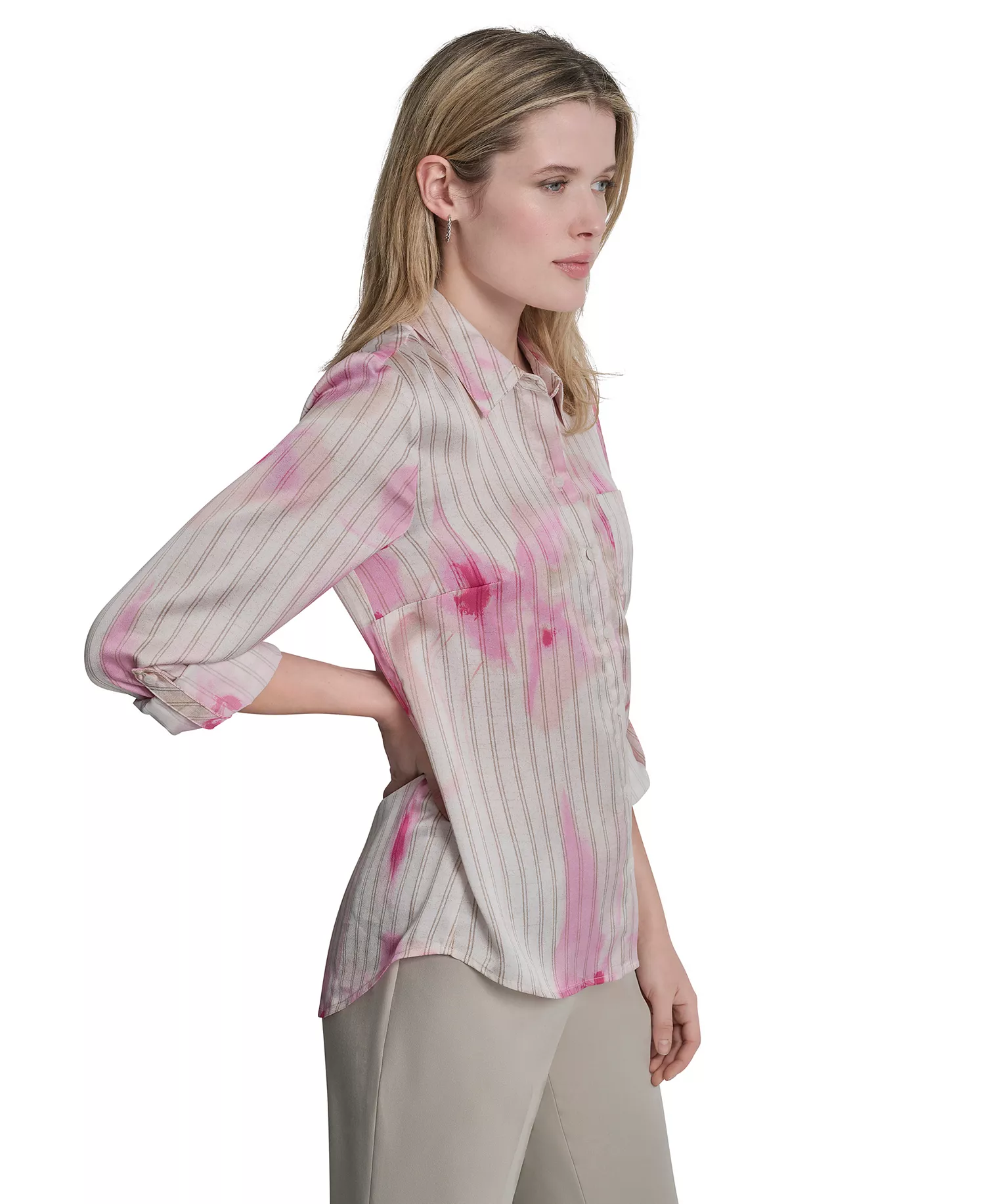 Petite Woven Roll Tab Button-Front Shirt - Pink - P/L