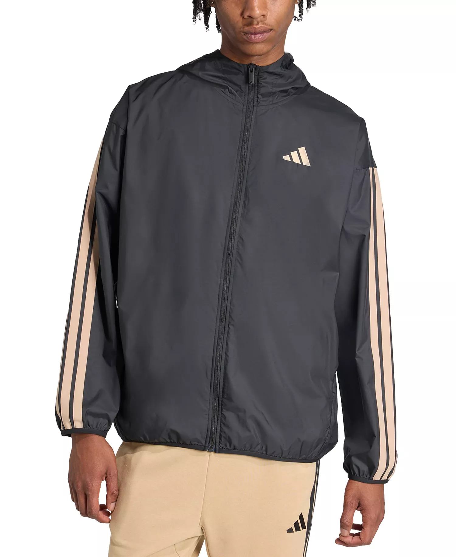 Men's Essential Three-Stripes Woven Windbreaker - Black/Sandstone - 2XL