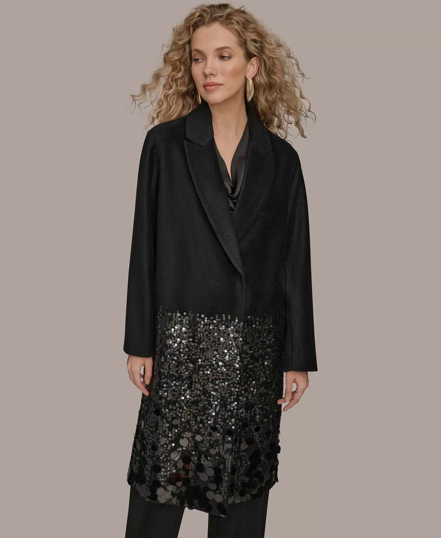 Women's Snap Closure Sequin Embellished Coat - Black - L