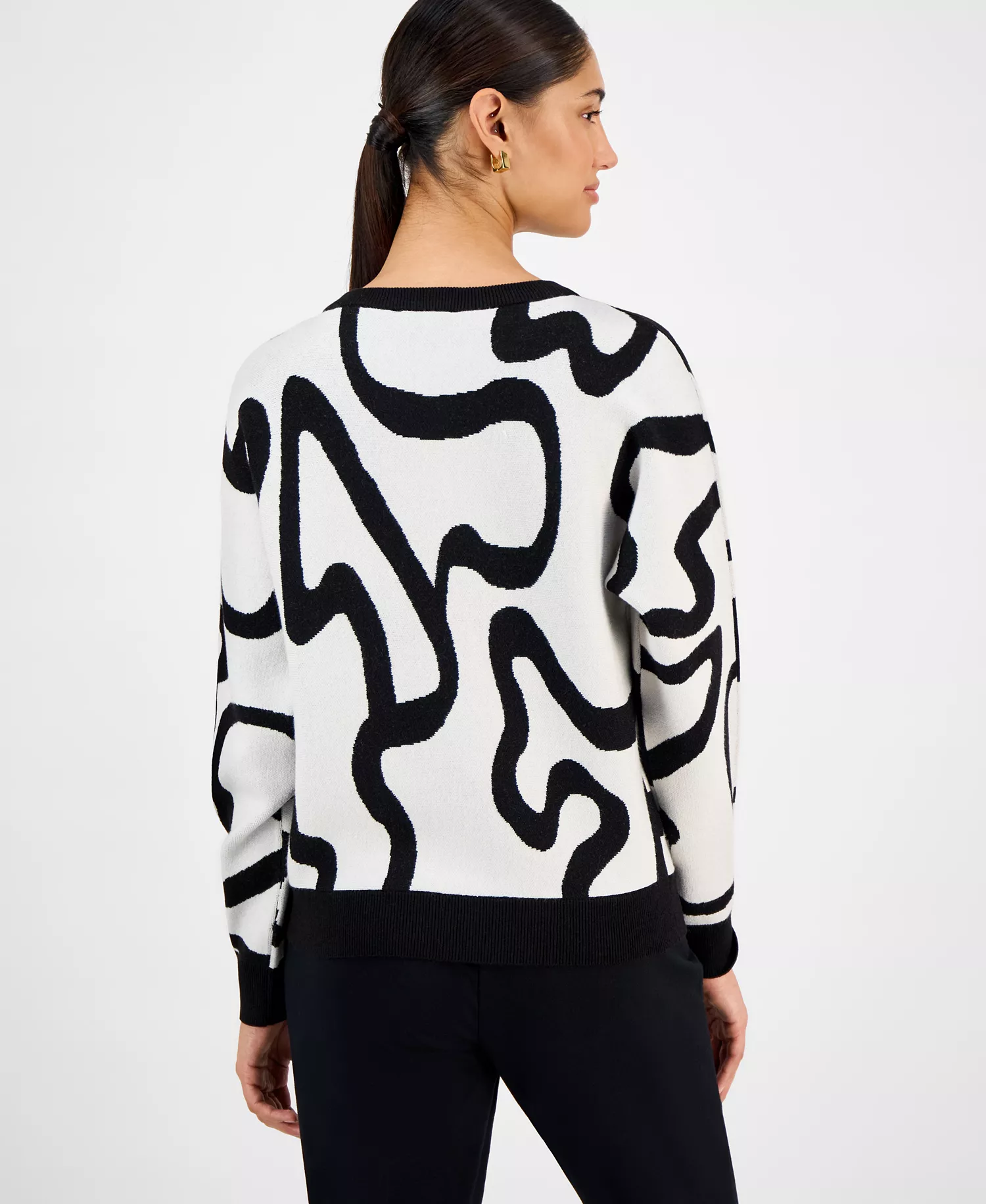 Women's Squiggle Jacquard Crewneck Sweater - Black/cream - L