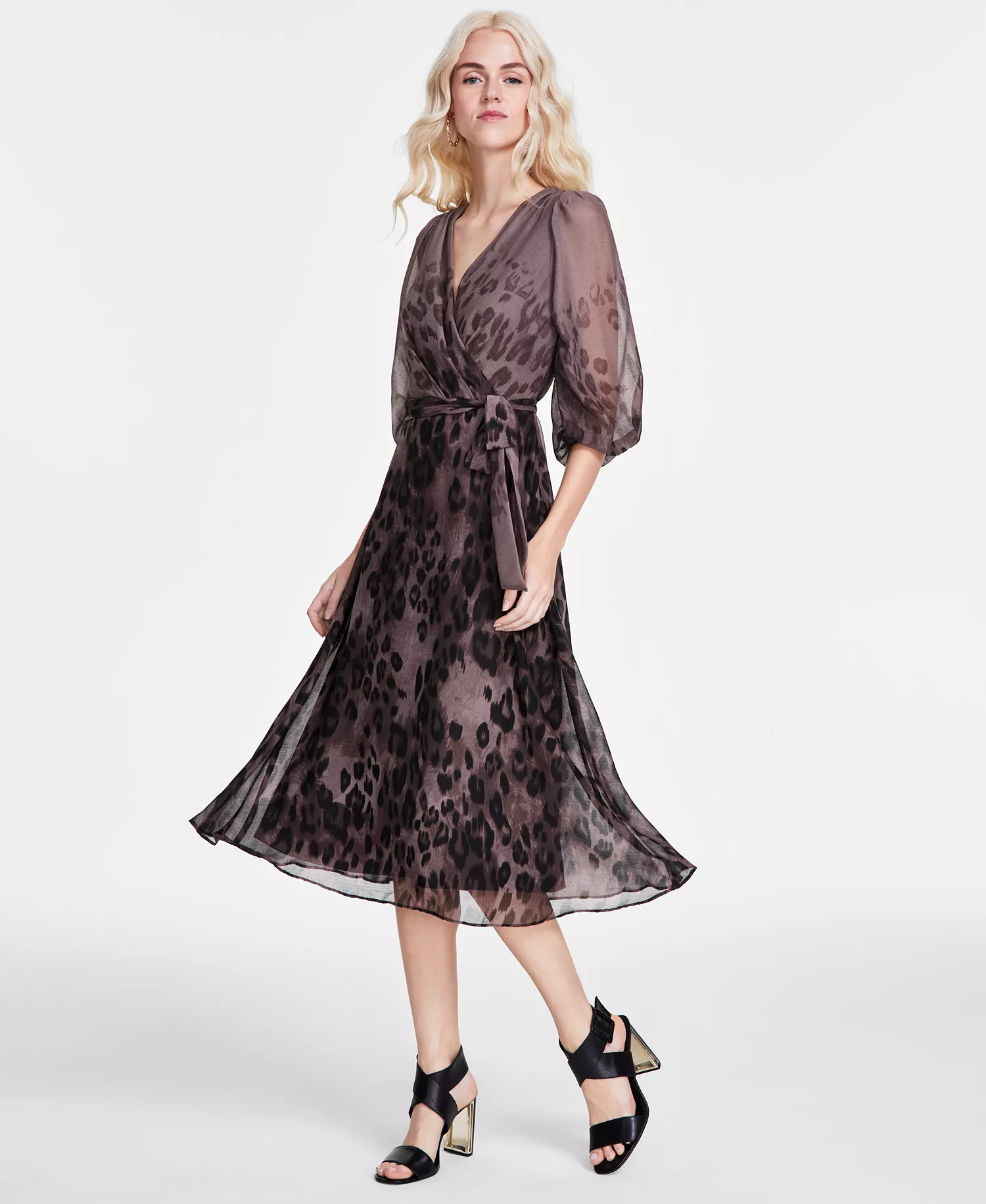 Women's Printed Faux-Wrap Balloon-Sleeve Dress - Brown Multi - 10