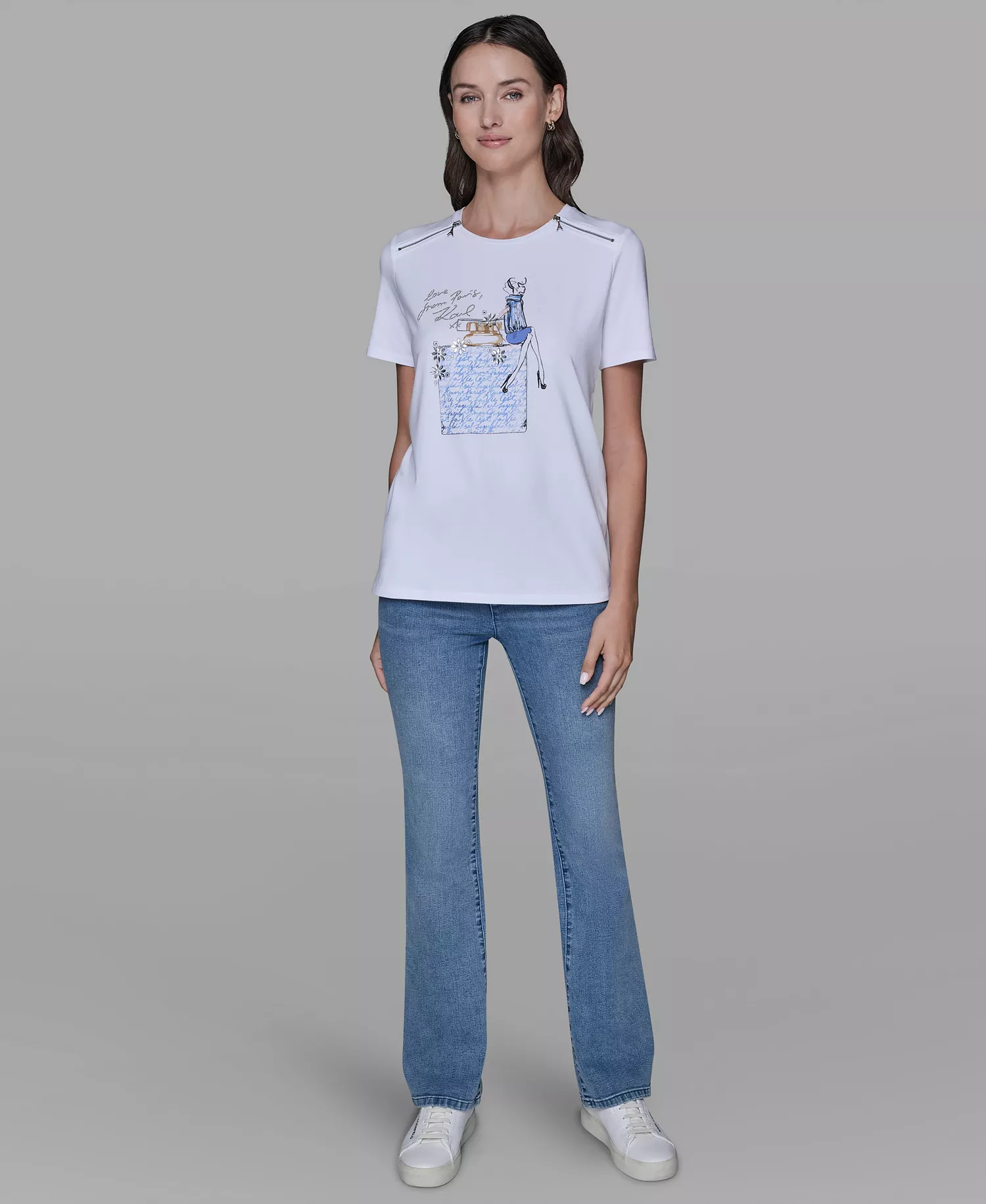 Women's Short-Sleeve Girl Perfume Bottle Printed T-Shirt - White/blue - L