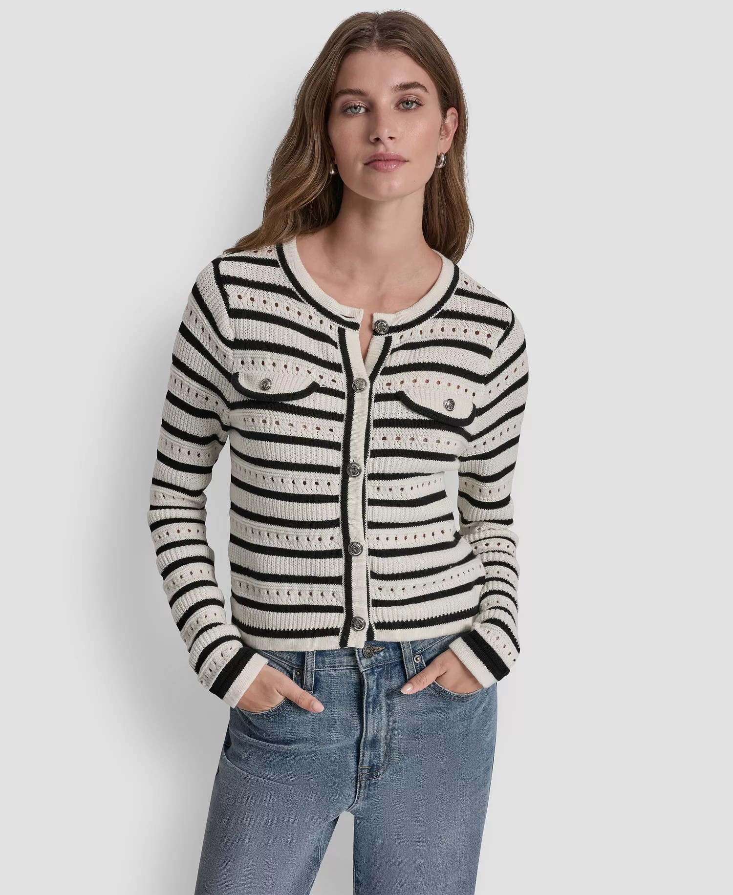 Women's Crew Neck Pointelle Sweater - Ivory/black - L