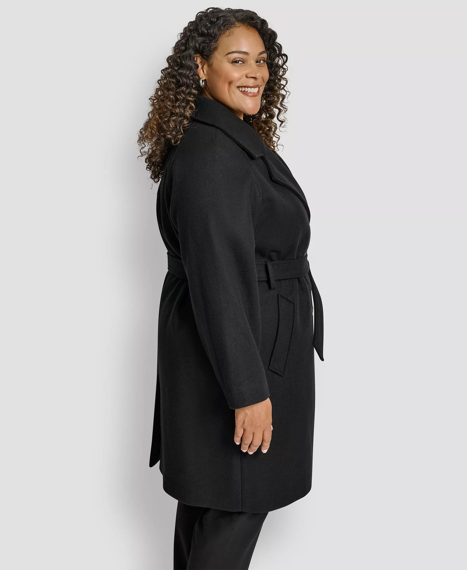 Plus Size Belted Notch Collar Coat - Black - 0X