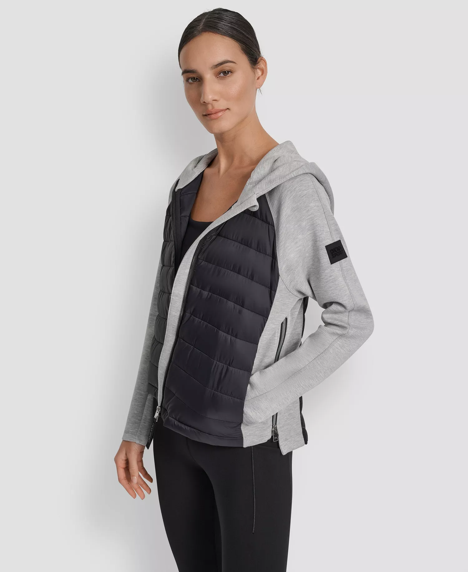Women's High Low Hem Scuba Mixed Quilted Puffer Jacket - Matte Black/ Pearl Grey Heather - L