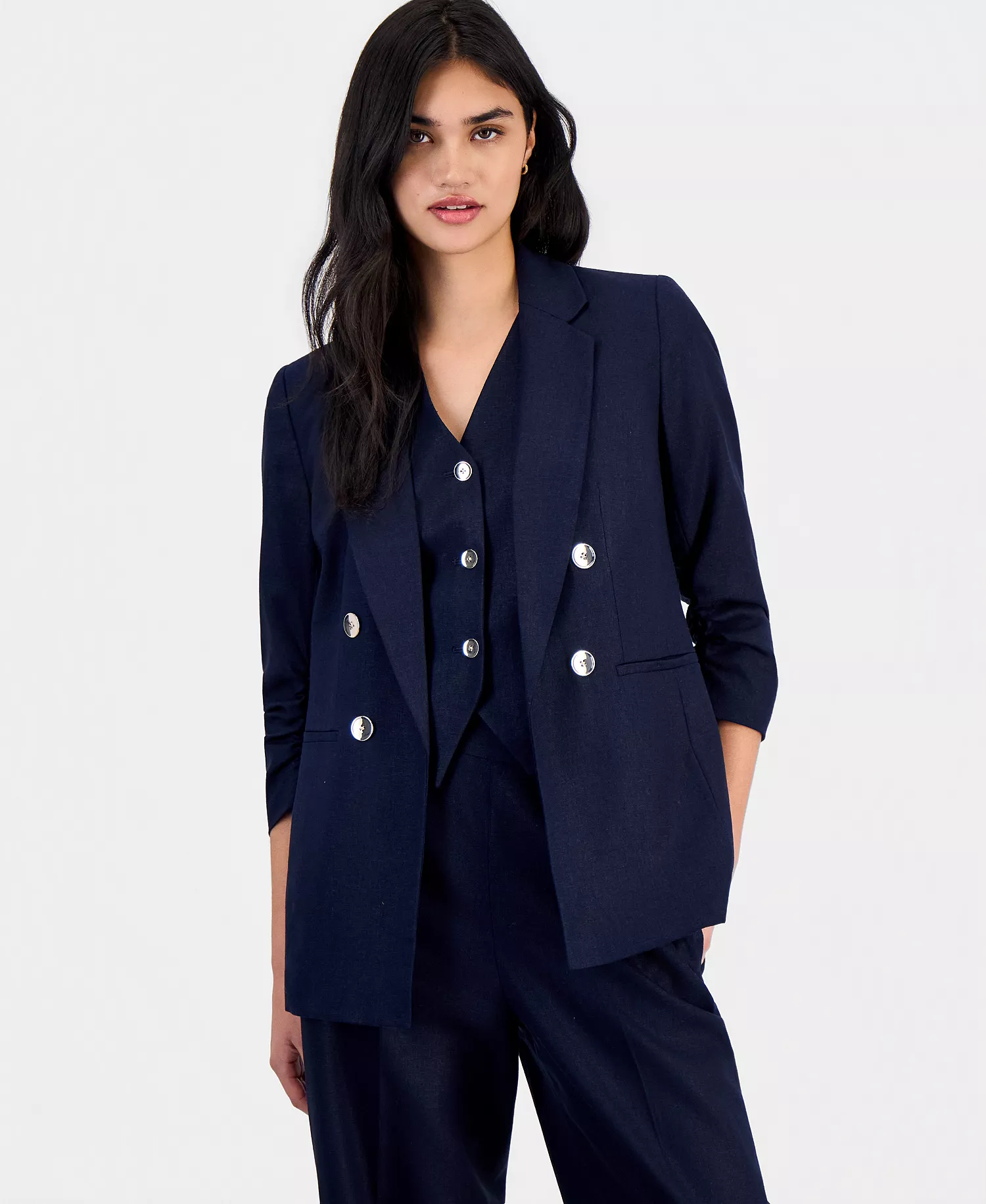 Women's Ruched-Sleeve Open-Front Linen Blazer, Exclusively at Macy's - Bar Navy - 2XL