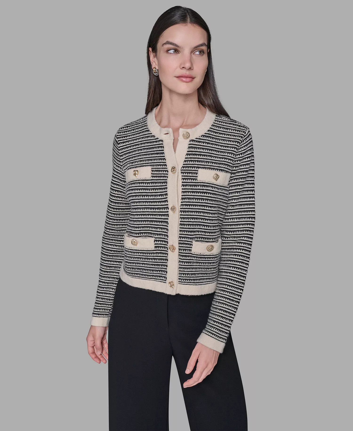 Women's Striped Crewneck Cardigan Sweater - Birch/black Lurex - L
