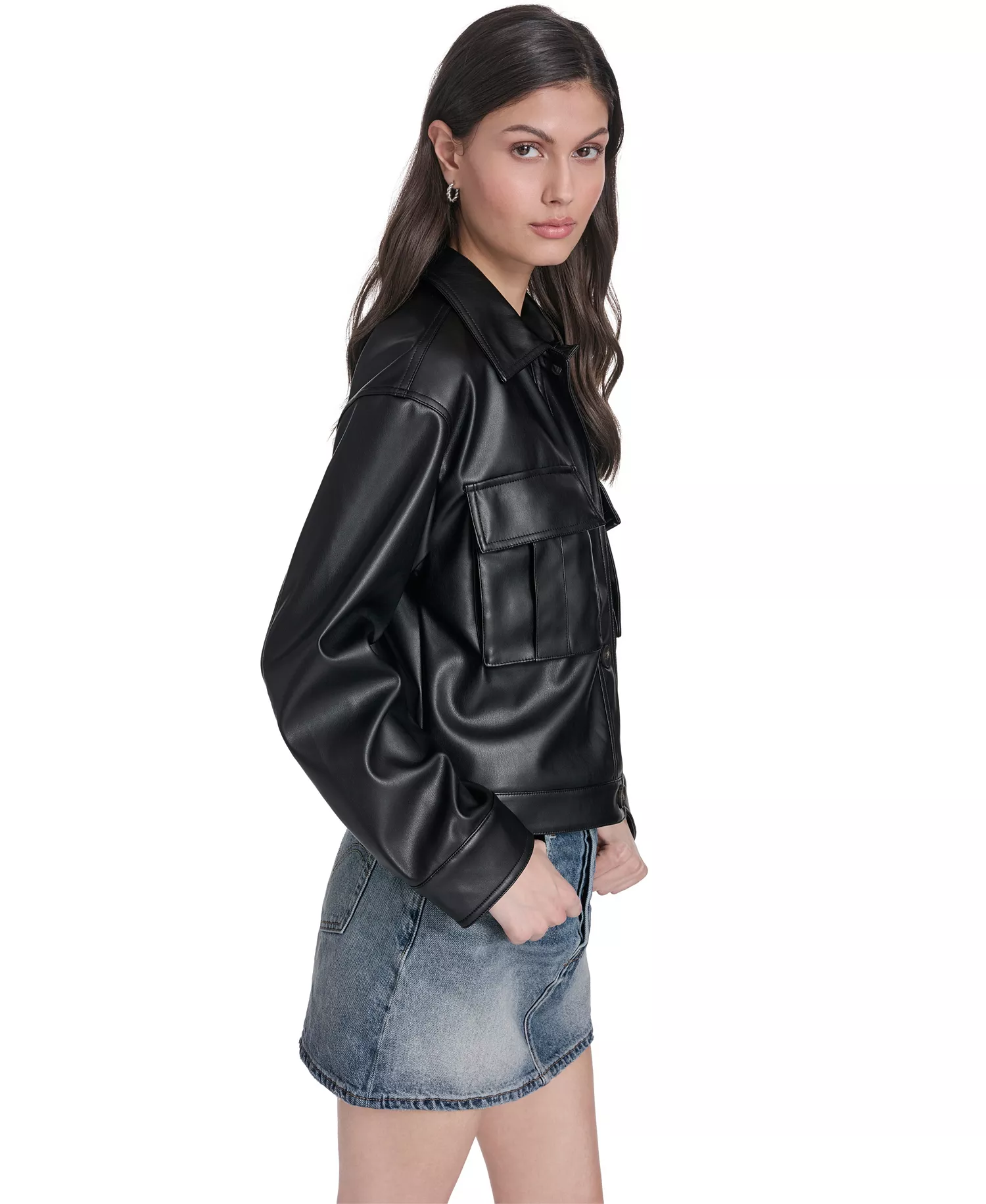 Women's Faux Leather Button Closure Shacket - Black - L