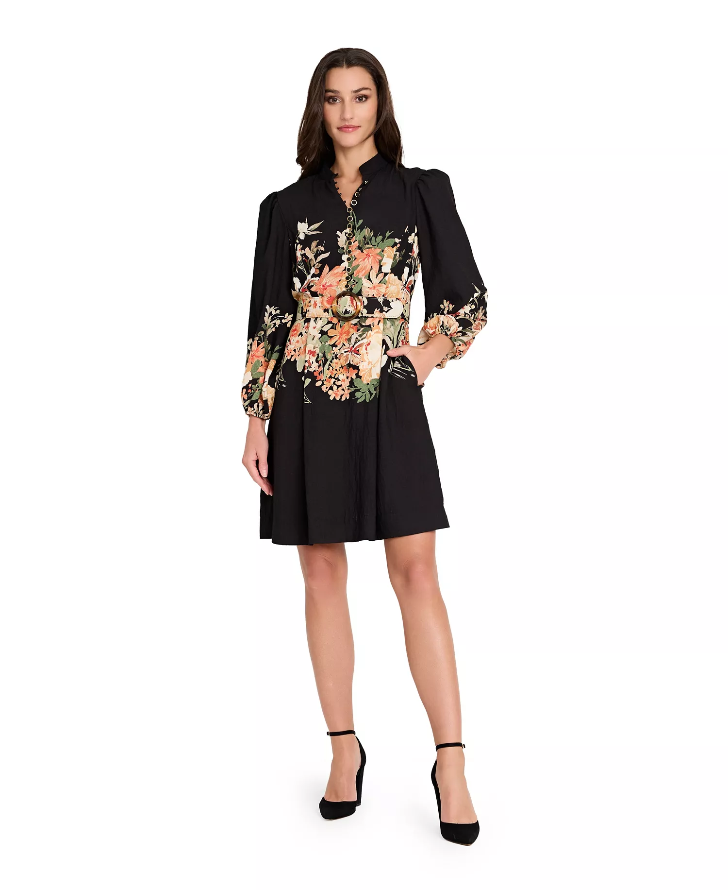 Petite Printed Long Sleeve Dress - Black Multi - 2P