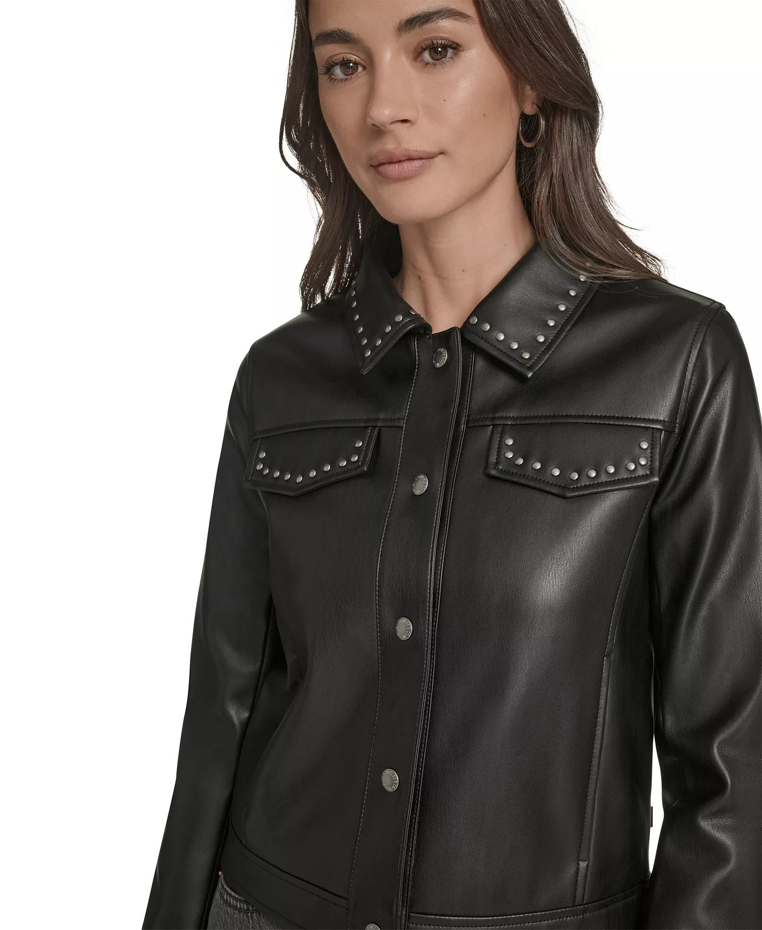 Women's Laydown Collar Studded Jacket - Beige - L