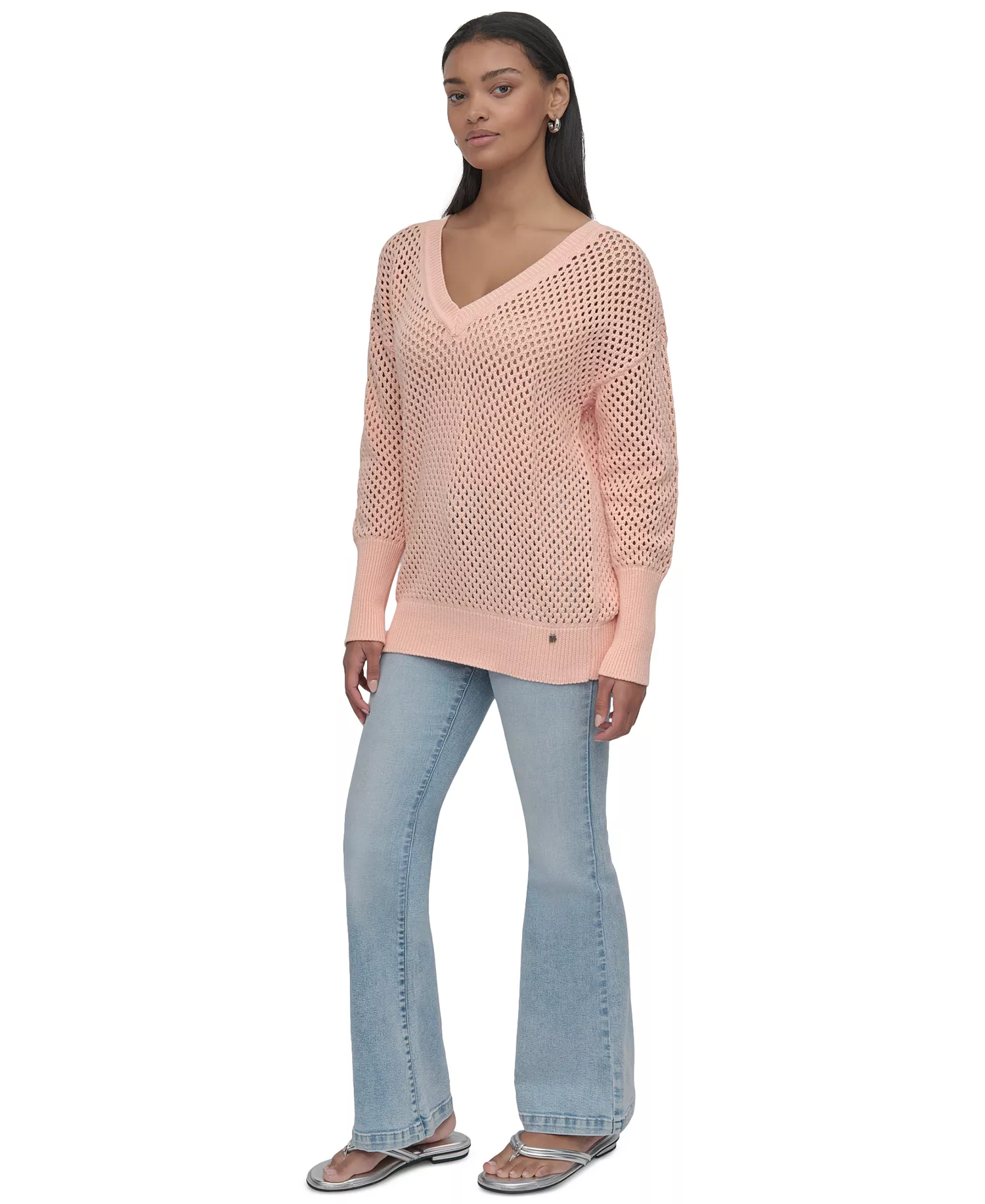 Women's Cotton Open-Knit V-Neck Sweater - Twv - Trop Peach - XL