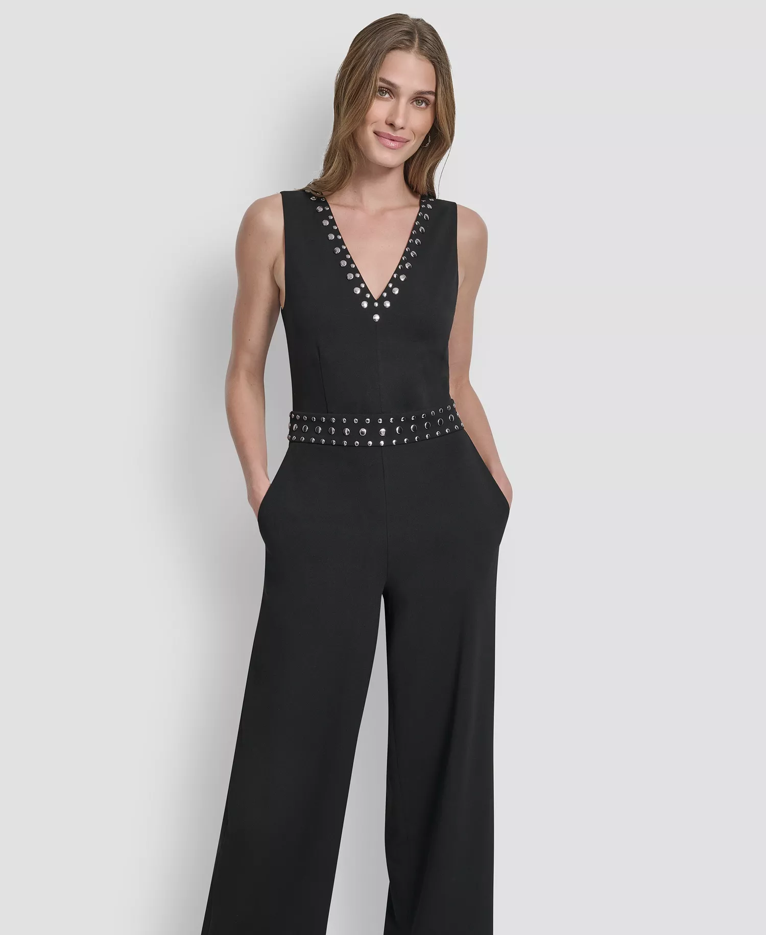 Women's Sleeveless Studded Jumpsuit - Black - 12