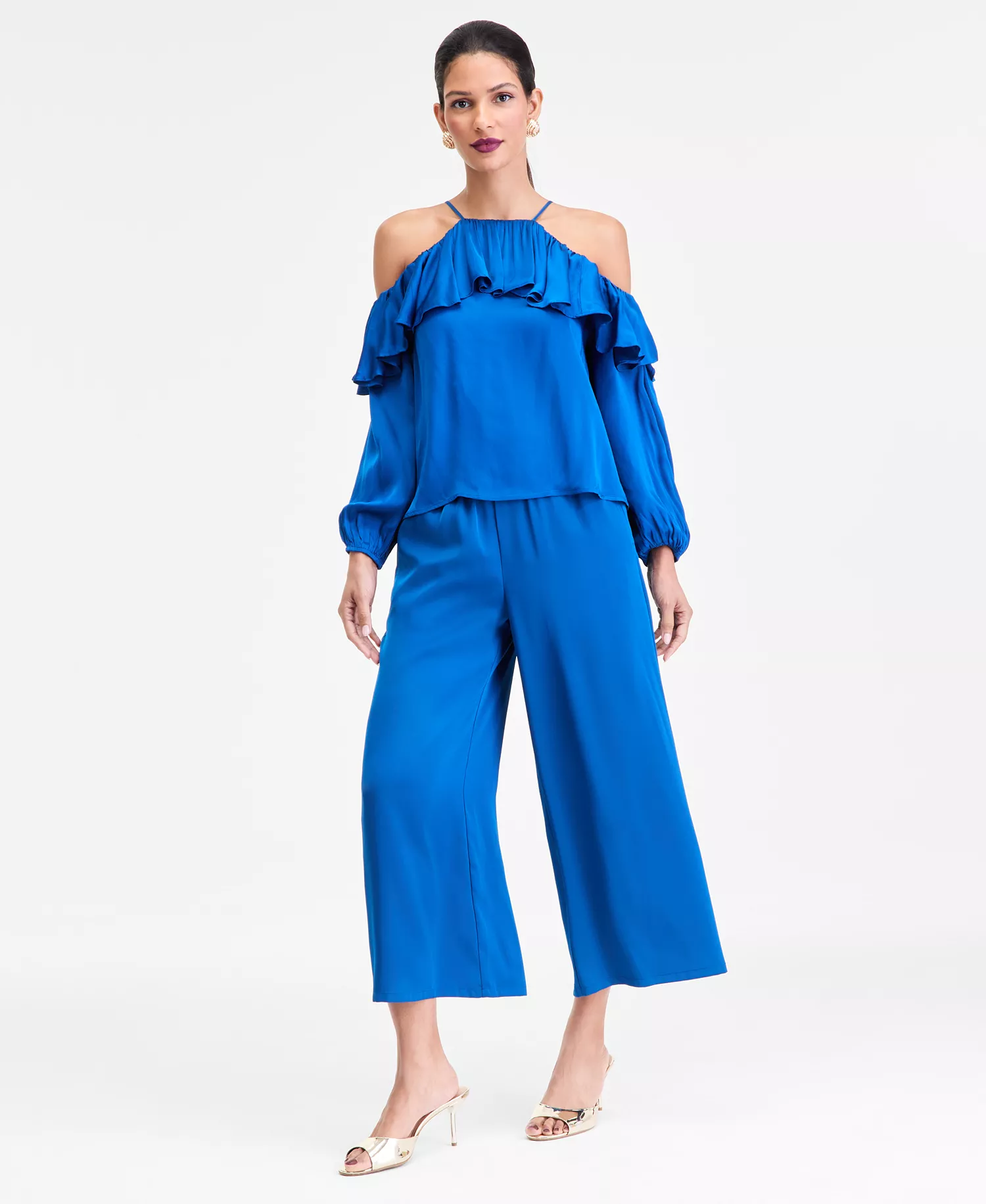 Women's Long-Sleeve Cold-Shoulder Ruffle Blouse, Macy's Exclusive - Cobalt Dream - L