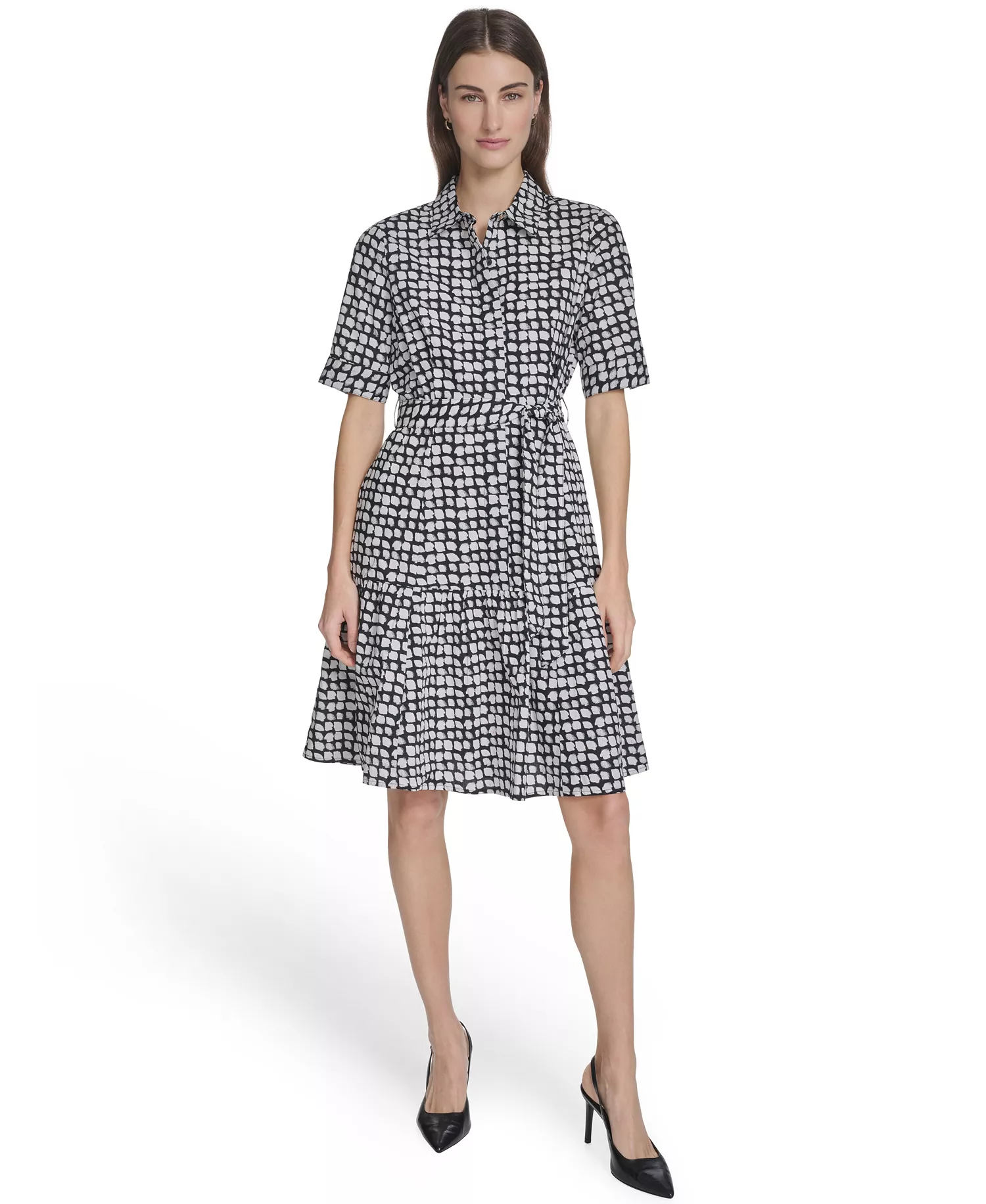 Women's Collared Chiclet Tiered Midi Dress - Black/Cream - 10