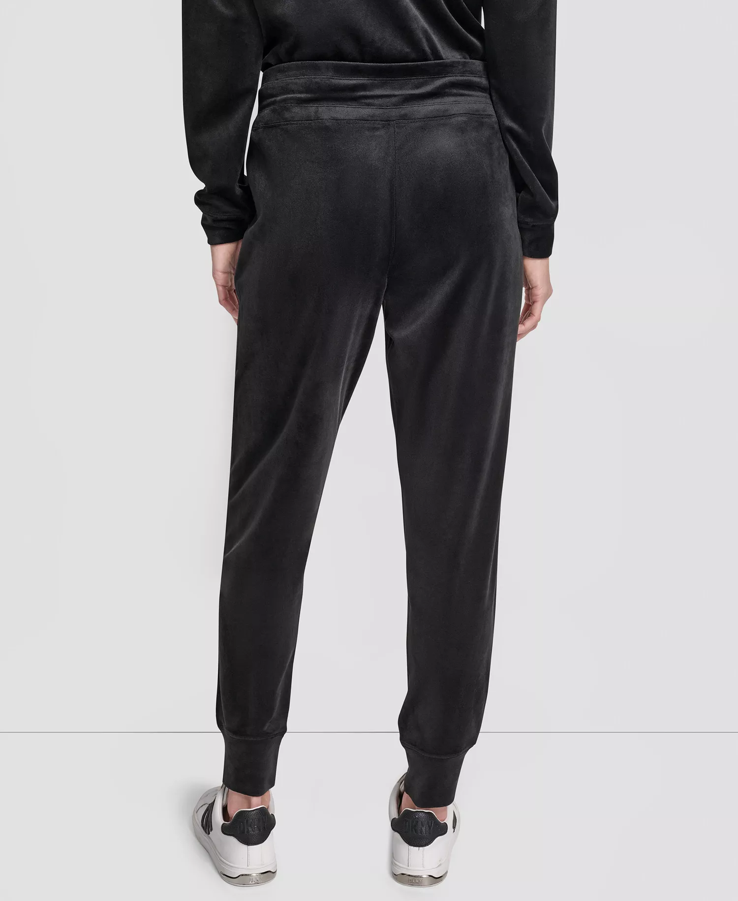 Women's Platinum Velour Rhinestone Logo Slim Fit Joggers - Black - L