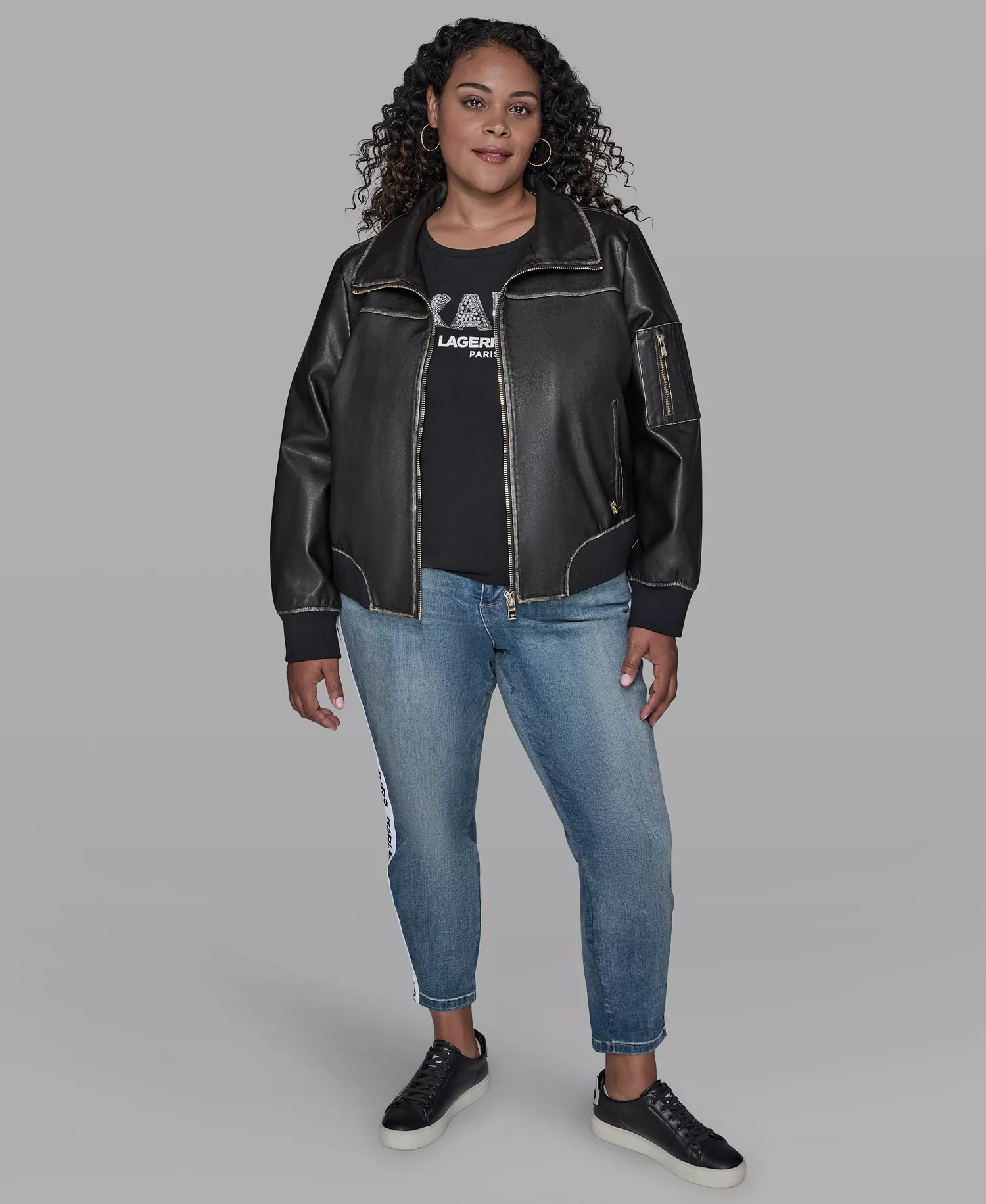 Plus Size Zip Up Jacket - Black - 1X