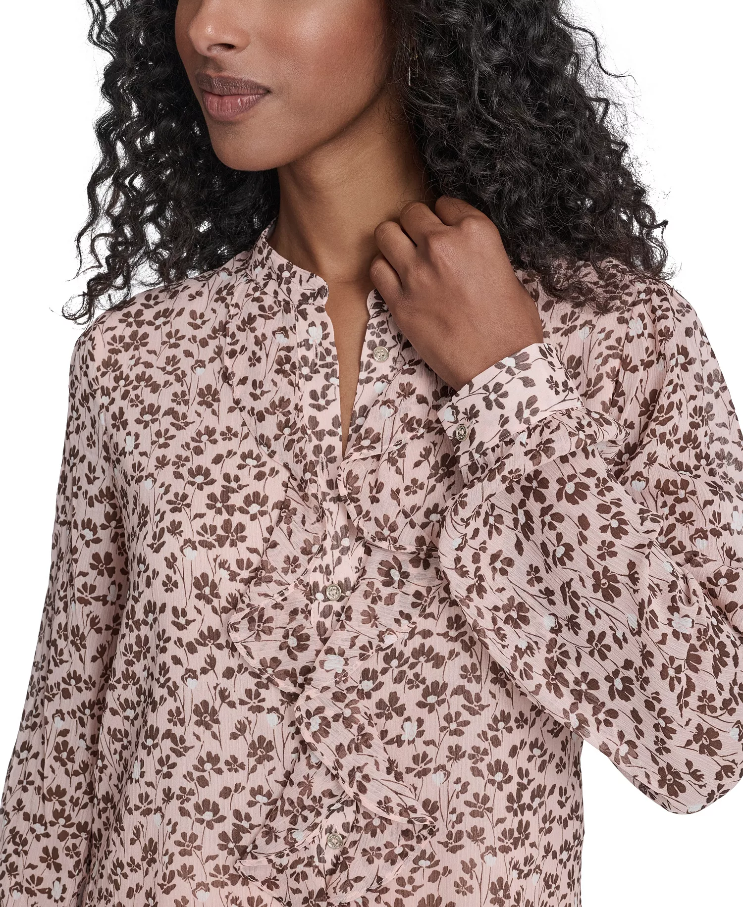 Women's Blossom Floral Ruffle Placket Top - Evening Sand Multi - L