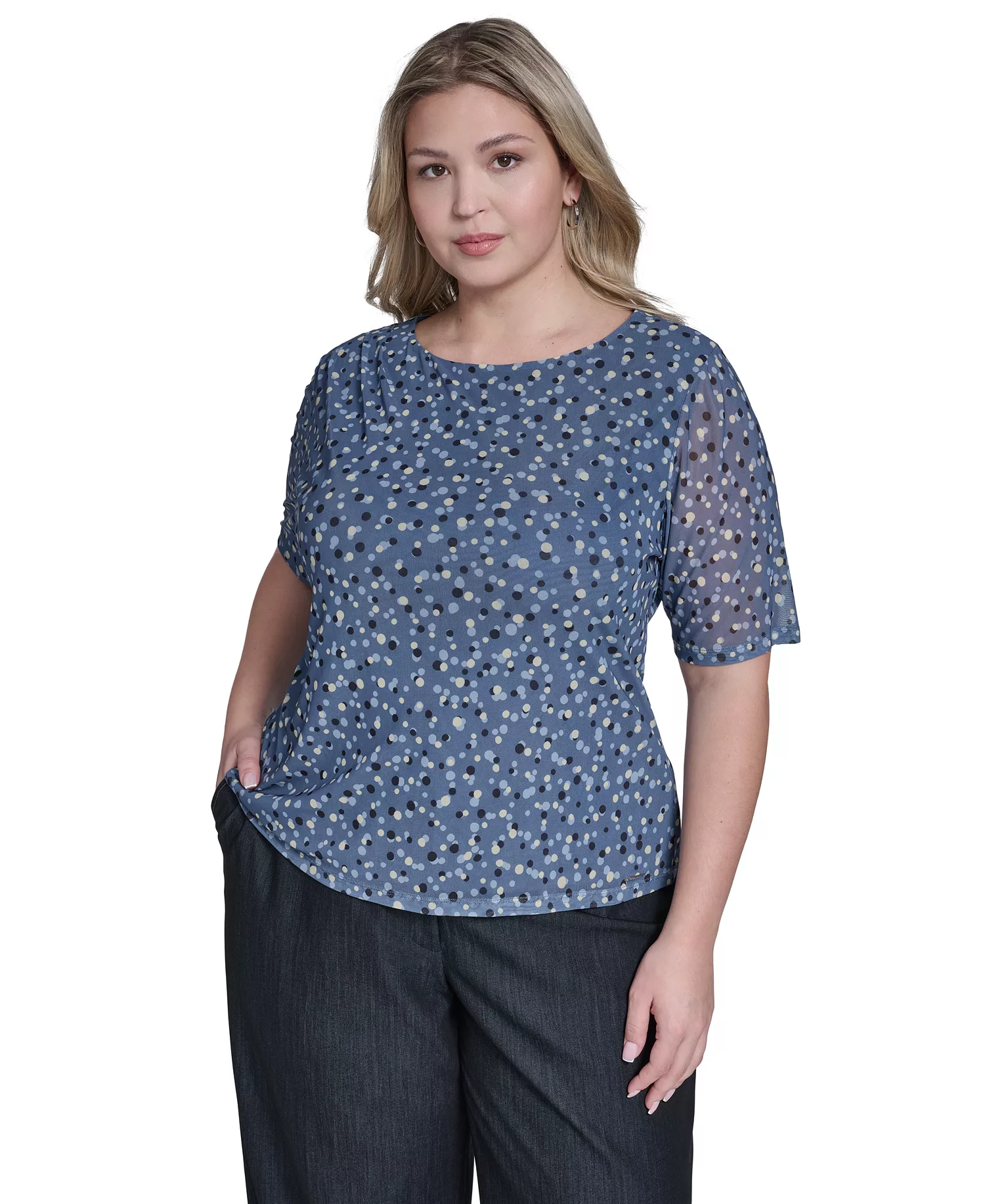 Plus Size Printed Gathered Shoulder Top - Flint Multi - 1X