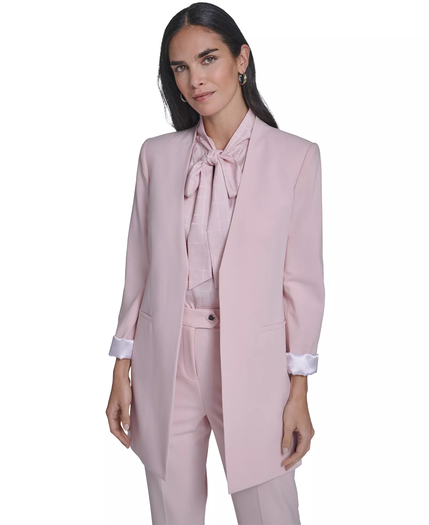 Women's Open-Front Topper Jacket, Sleeveless Tie Neck Blouse, and Modern Fit Straight Pants - Petal - 0