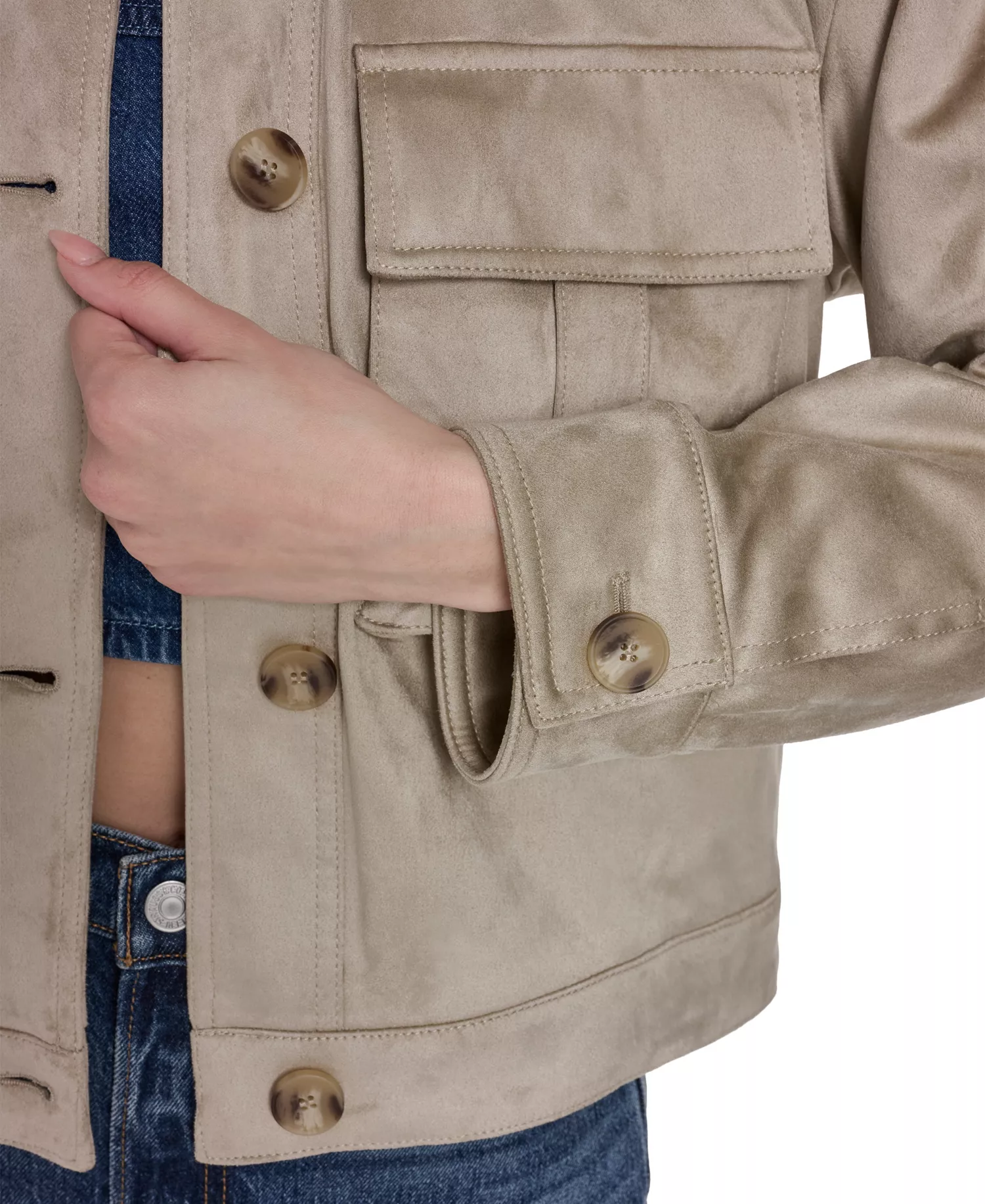 Women's Laydown Collar Front-Button Jacket - Beige - L