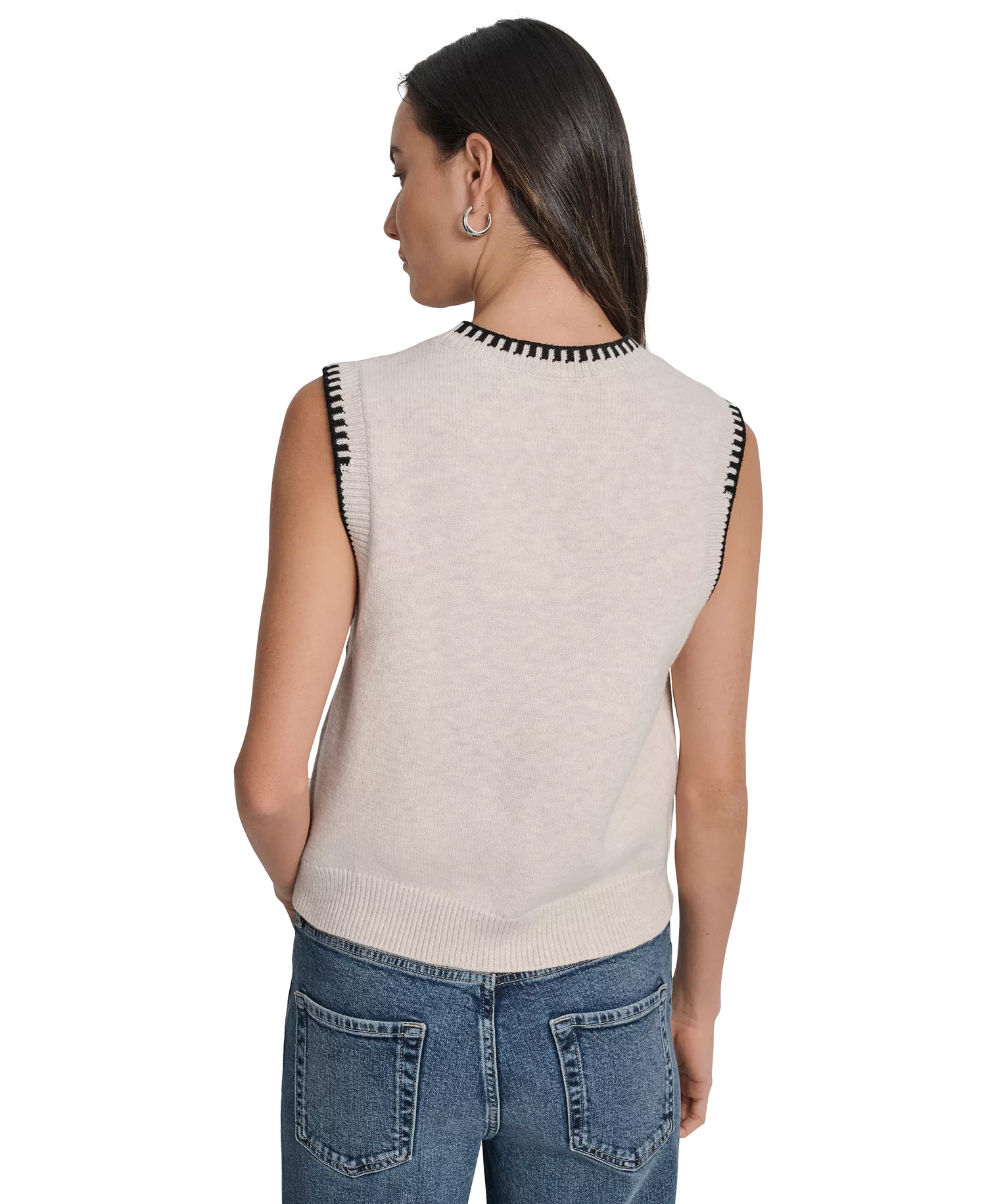 Women's Whipstitch Trim Crewneck Sleeveless Sweater - Cort Heather/Black - XS