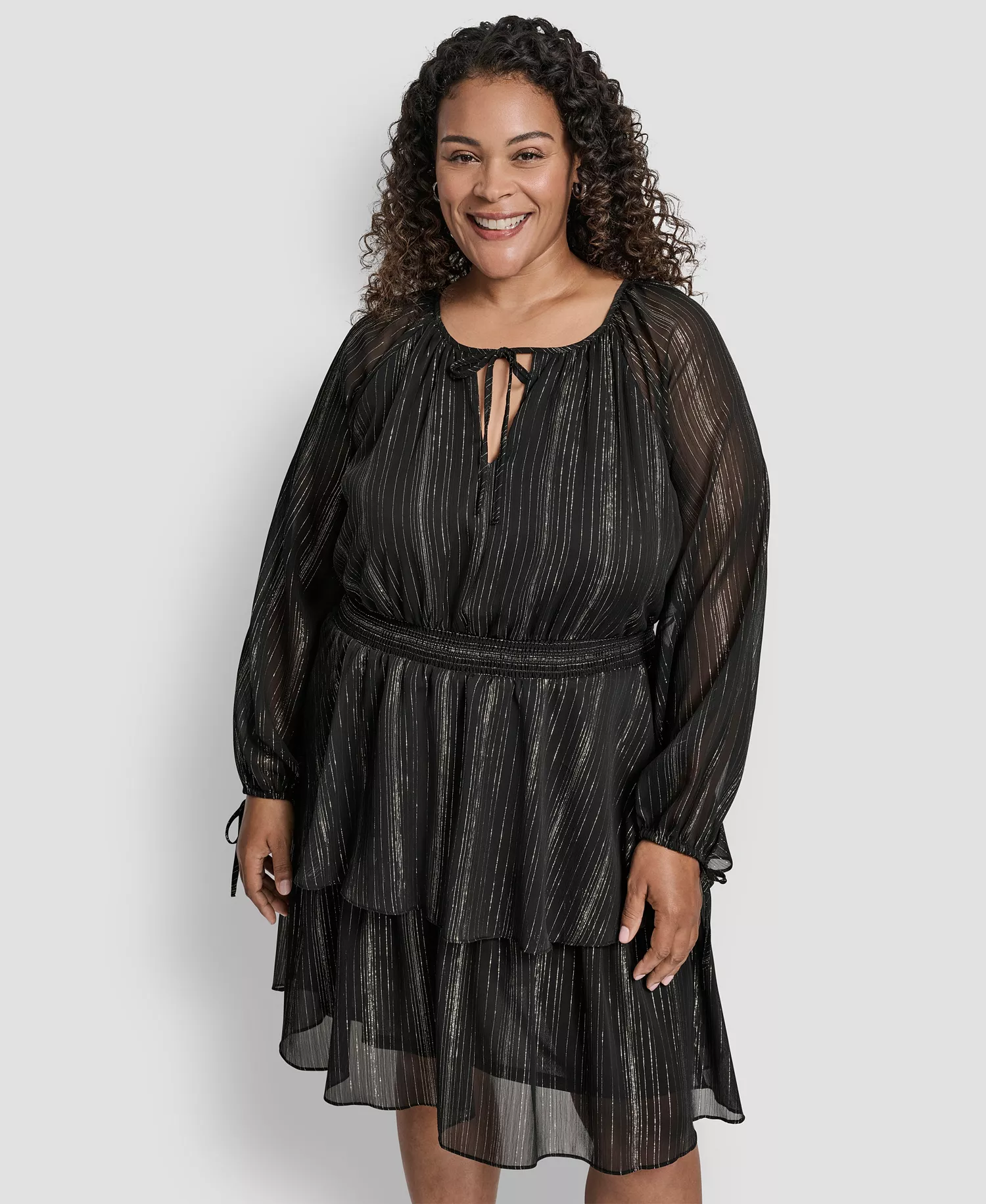 Plus Size Long Sleeve Jewel Neck Dress - Black/Silver - 14W