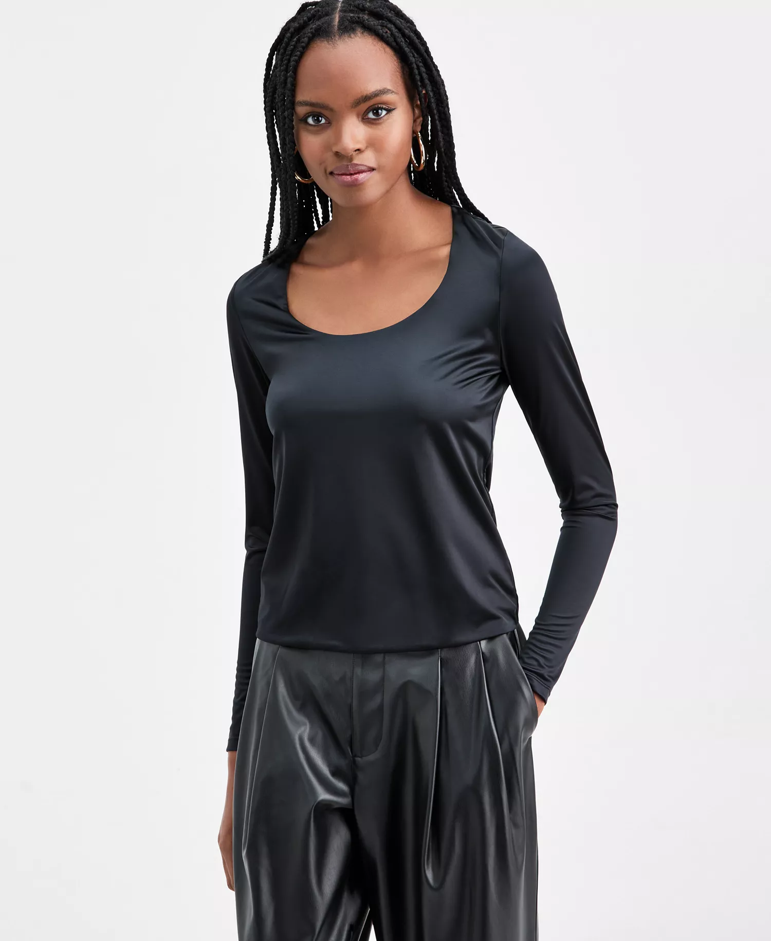 Women's Shine Scoop-Neck Top, Macy's Exclusive - Deep Black - L