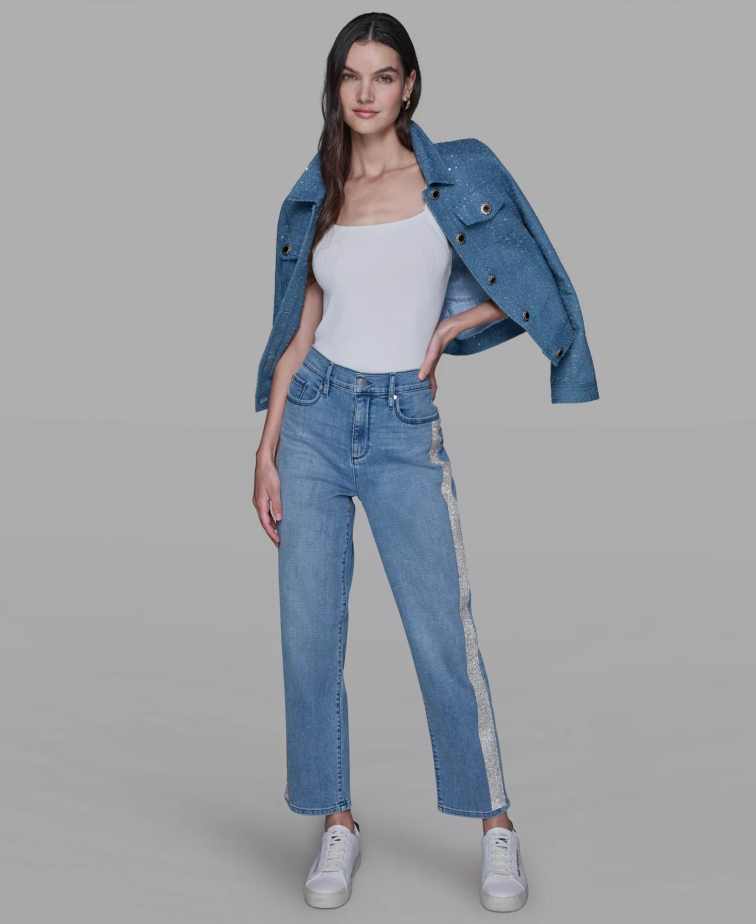 Women's Rhinestone Stripe Detail Jeans - Brisk Blue - 10