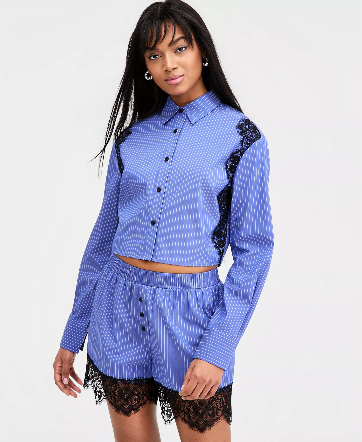 Women's Lace-Trim Cropped Shirt, Macy's Exclusive - Dark Blue Stripe - L