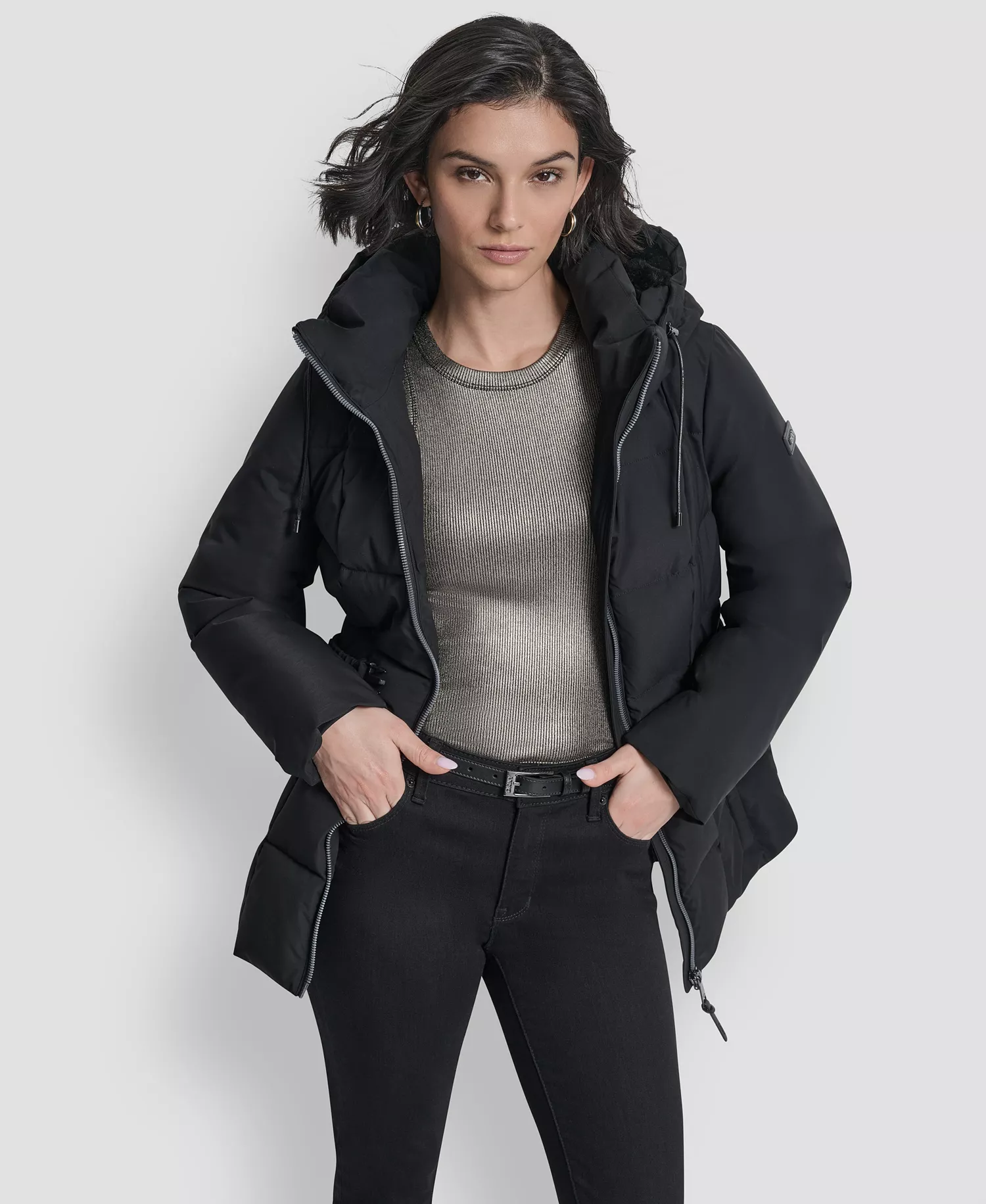 Women's Belted Hooded Puffer Coat - Black - L