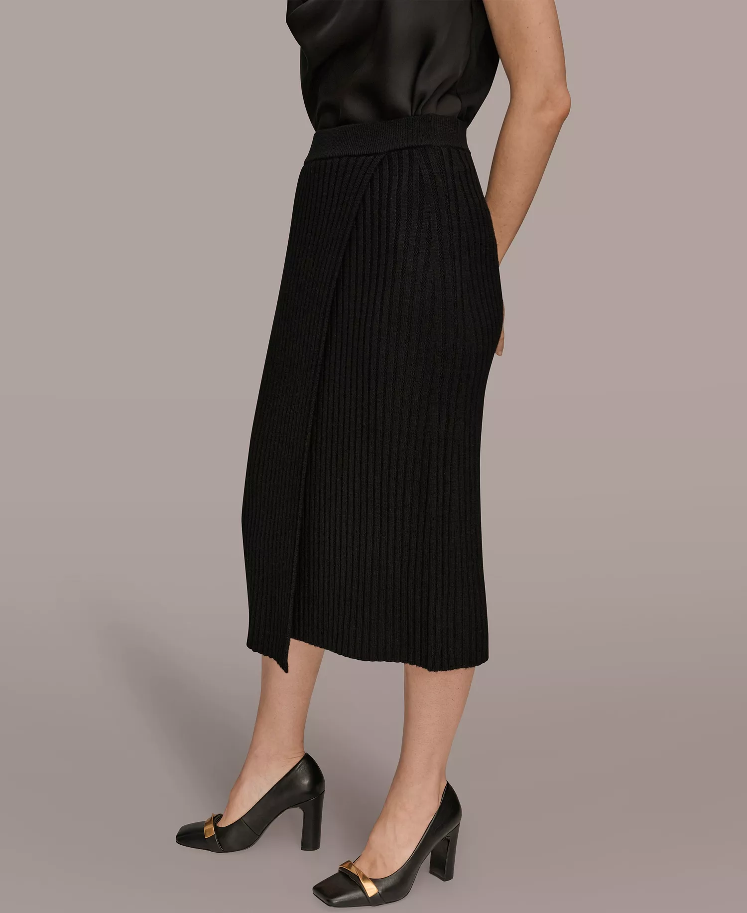 Women's Rib Knit Wrap Midi Skirt - Black - XL