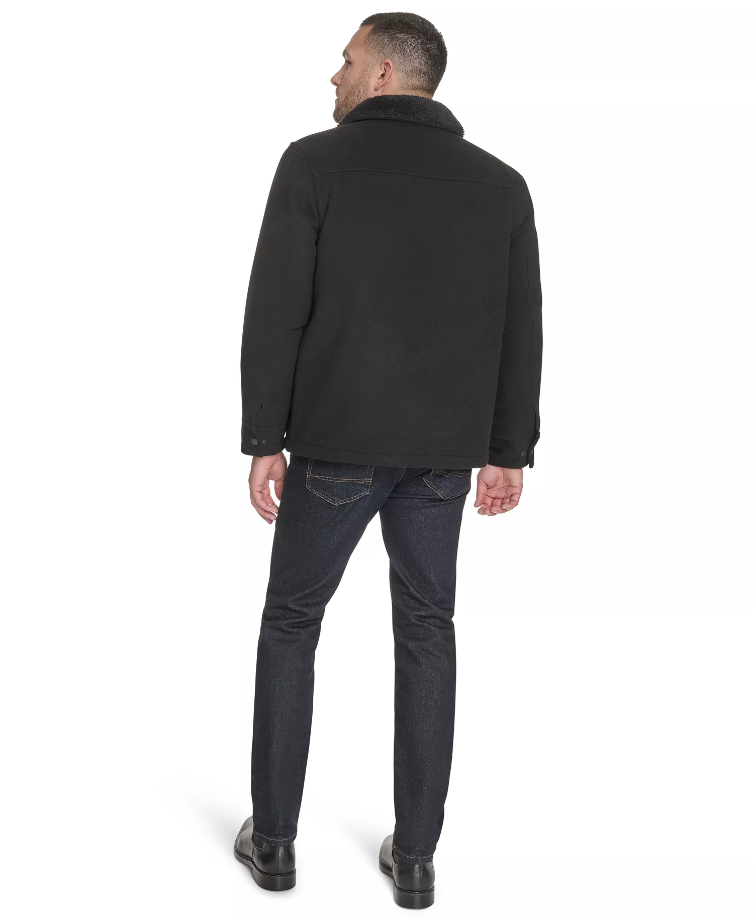 Men's Wool Blend Jacket with Sherpa Collar - Black - 2XL