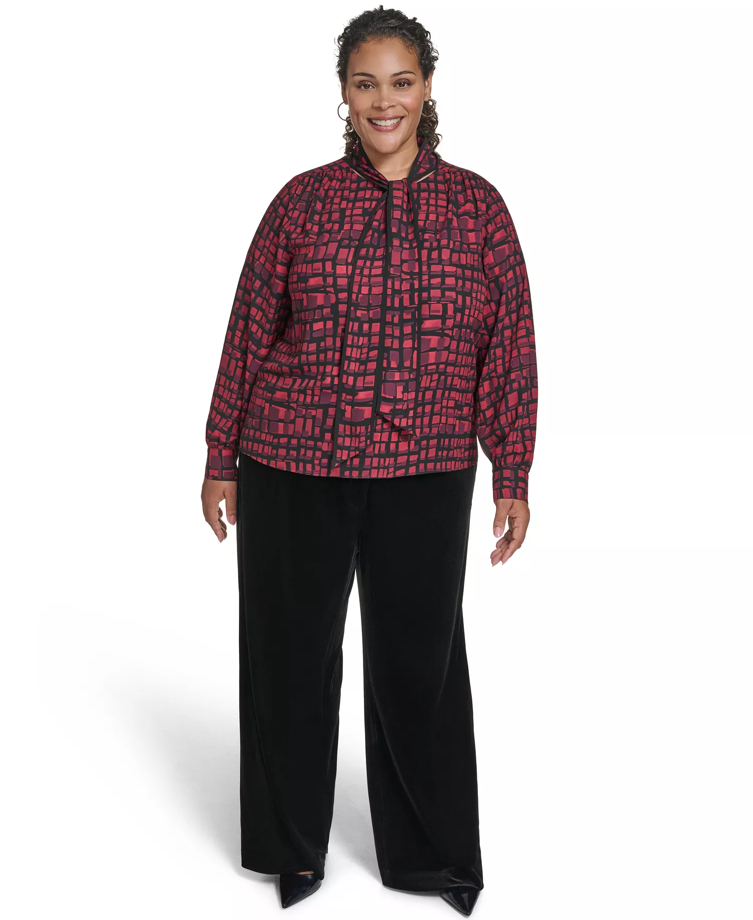 Plus Size Printed Long Sleeves Tie Neck Top - Cranberry Multi - 1X