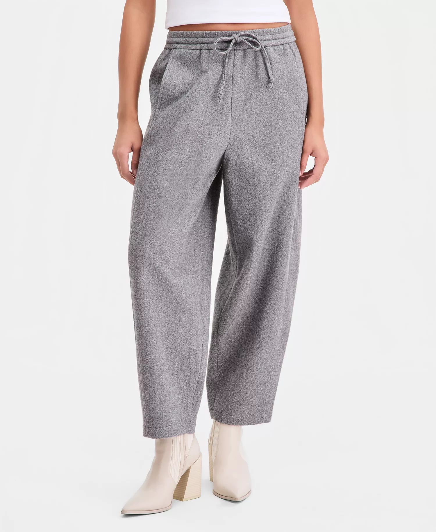 Women's Felt Barrel-Leg Drawstring Pants, Macy's Exclusive - Lt Heather Grey - L