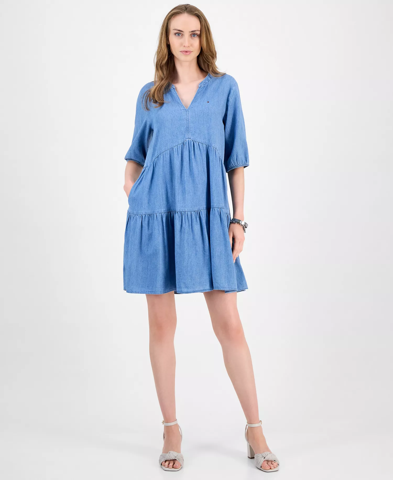 Women's V-Neck Tiered Chambray Dress - Lt Benson - XS