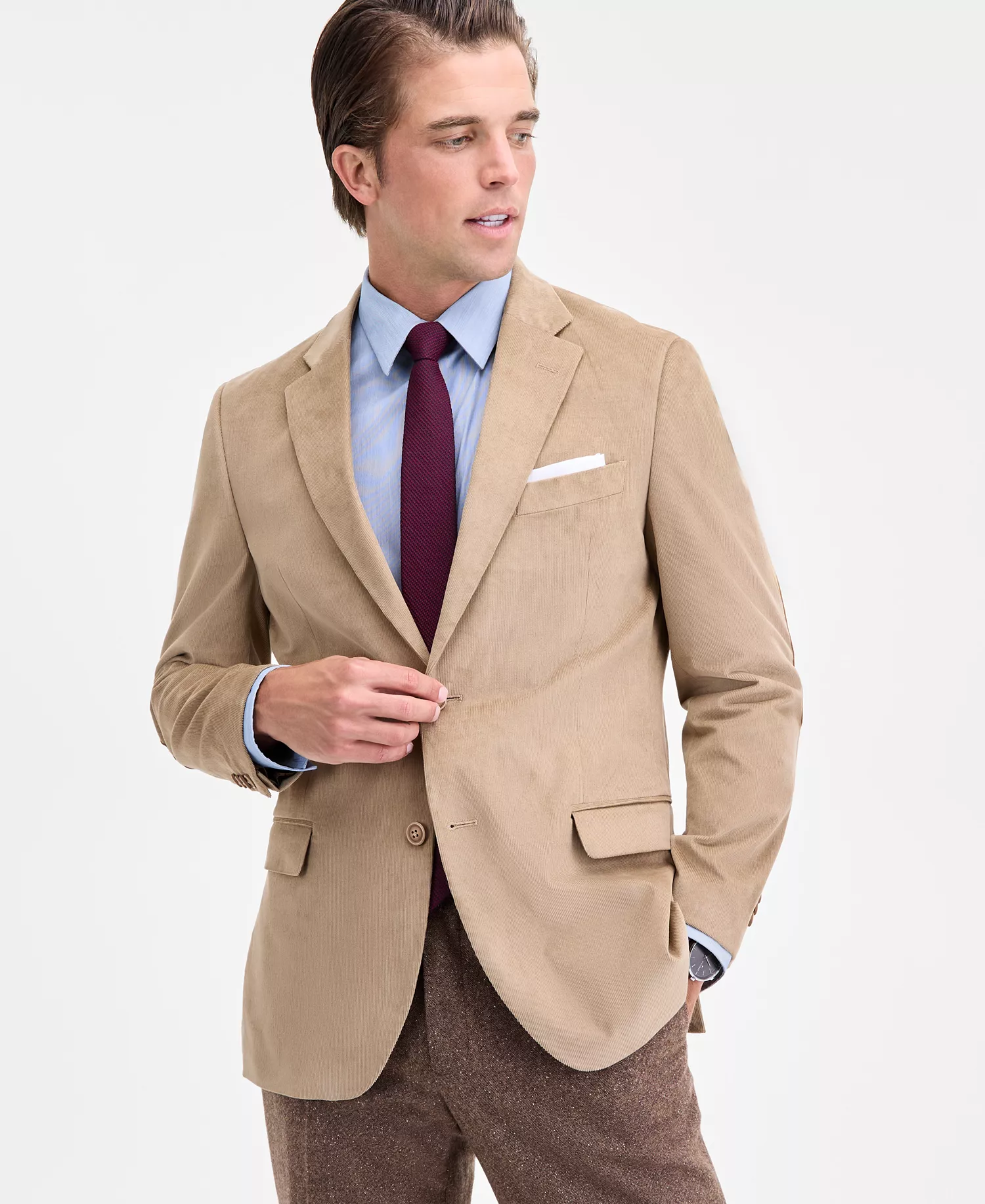 Men's Modern-Fit Solid Stretch Corduroy Elbow Patch Sport Coat - Beige - 36R